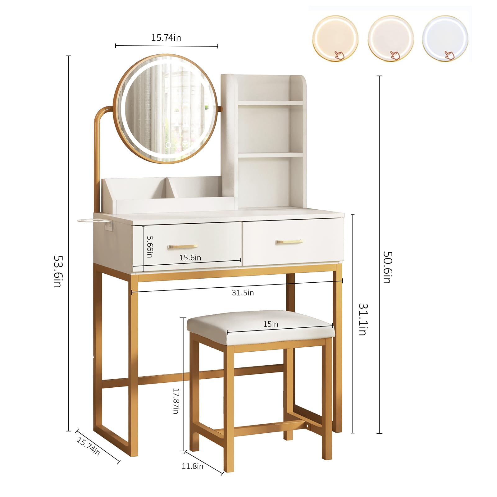 White Makeup Vanity Desk with Round Mirror & LED Lights - 3 Lighting Modes, Spacious Storage, 31.5