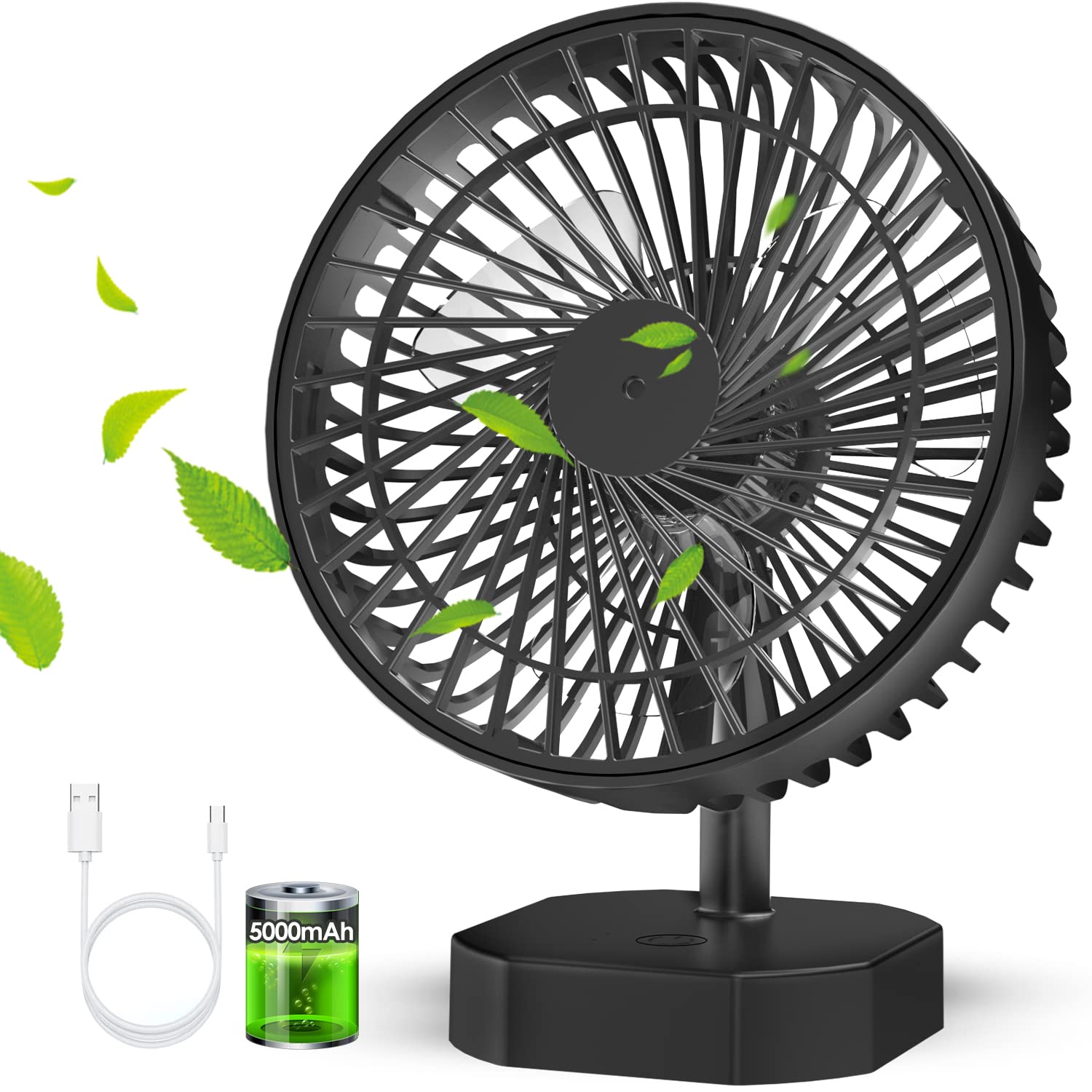 Deleaboa 6.5 Inch Small Desk Fan - 5000mAh Rechargeable Battery, Ultra Quiet Portable Table Fan with 3 Speed Settings - Powerful Personal Cooling Fan for Home, Office, Car, Outdoor, Bedroom & Travel Use - Black