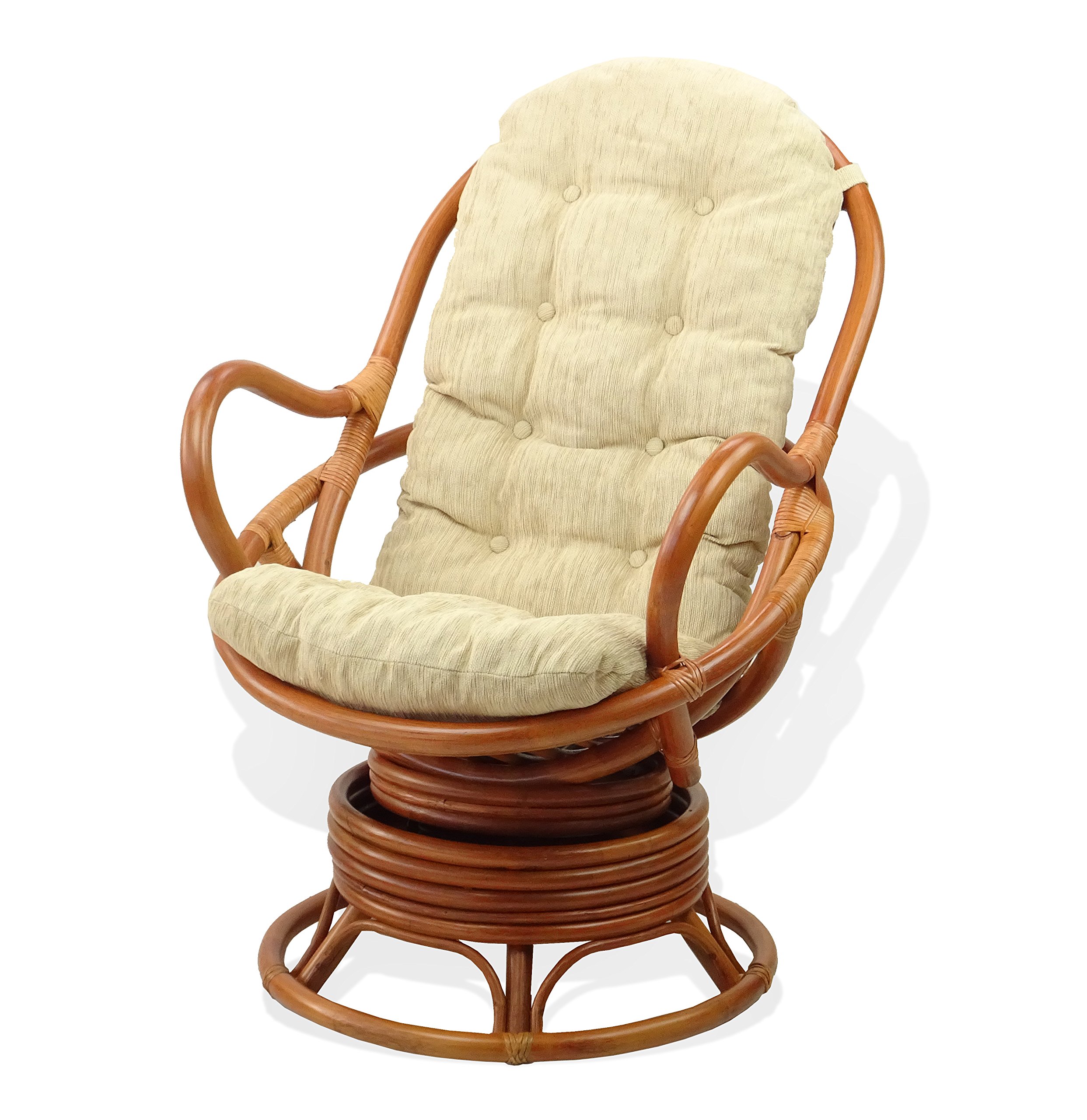 Natural Rattan Wicker Swivel Rocking Chair with Cream Cushion - Dark Brown Lounge Java Chair for Living Room, Patio, or Sunroom Relaxation