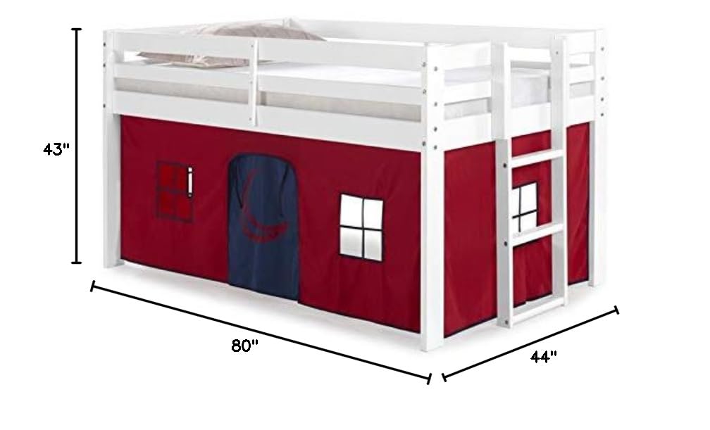 Alaterre Jasper Twin Junior Loft Bed with Playhouse Tent - White Frame & Red/Blue Bottom - Kids Space-Saving Bunk Bed for Small Rooms & Play Areas