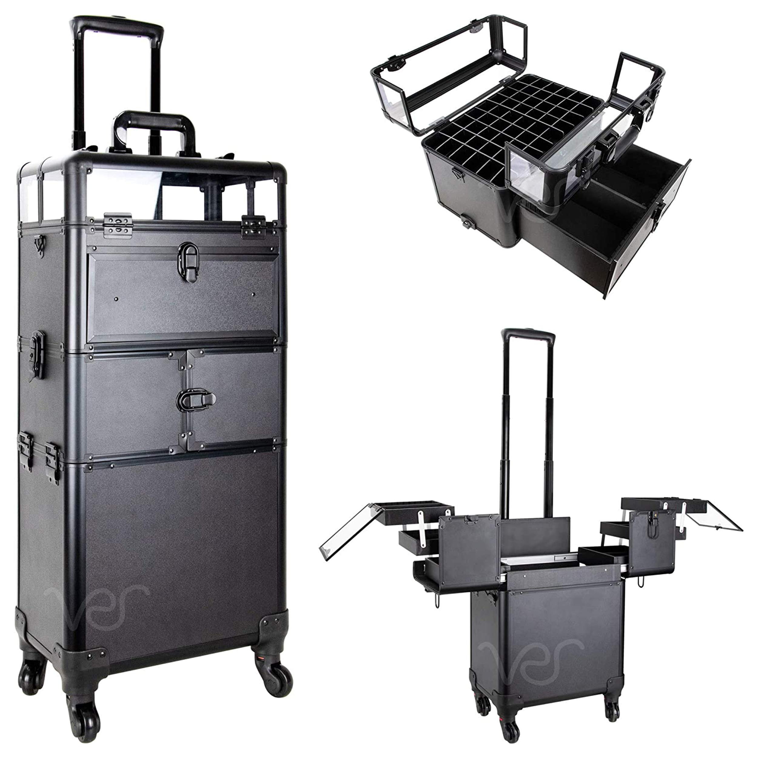 Ver Beauty 3-in-1 Rolling Nail Polish Organizer - Professional Manicure Train Case with 54 Slots, Extendable Trays & 4 Removable Wheels | Matte Black Cosmetic Trolley for Salon, Travel & Home Storage | Portable Makeup Storage Solution for Nail Technicians & Beauty Enthusiasts