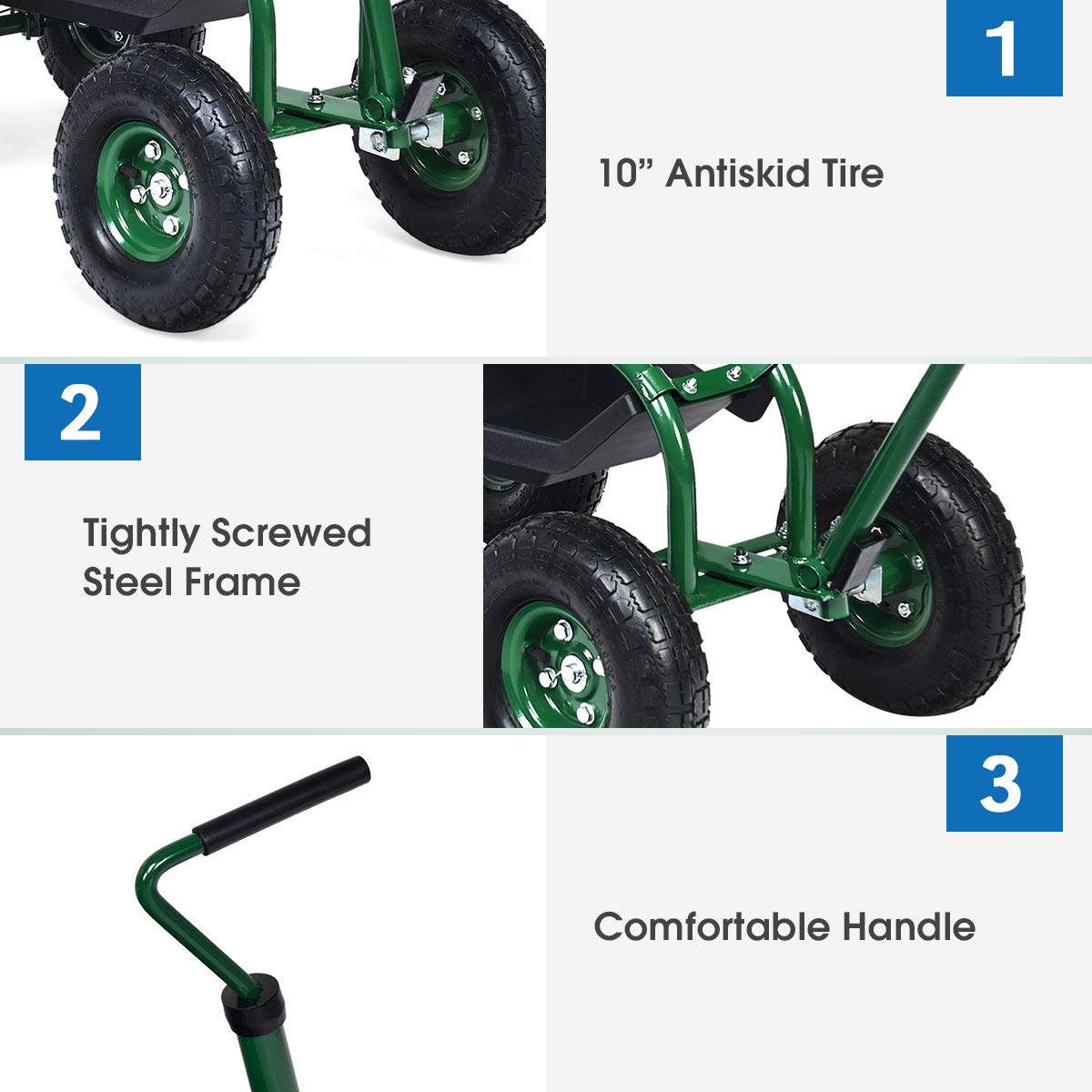 Goplus Rolling Garden Seat with Wheels - 360° Swivel Outdoor Gardening Scooter with Tool Tray & Basket, Adjustable Handle for Lawn Care, Planting & Weeding - Comfortable Garden Stool & Cart for Seniors & Adults (Perfect for Backyard, Flower Beds & Vegetable Gardening)