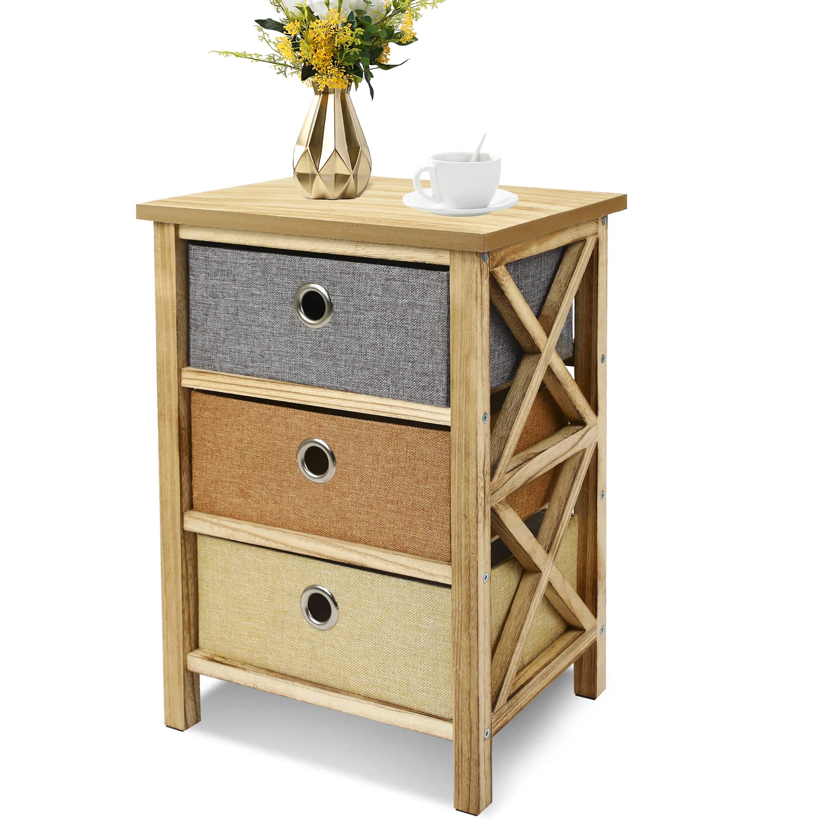 Modern Nightstand with 3 Drawers - Wooden Bedside Table with Fabric Storage Bins, Simple Dresser for Bedroom & Dorm Room - Easy Pull Organizer for Books, Lamps & Bedroom Essentials | Perfect for Small Spaces & Apartment Living