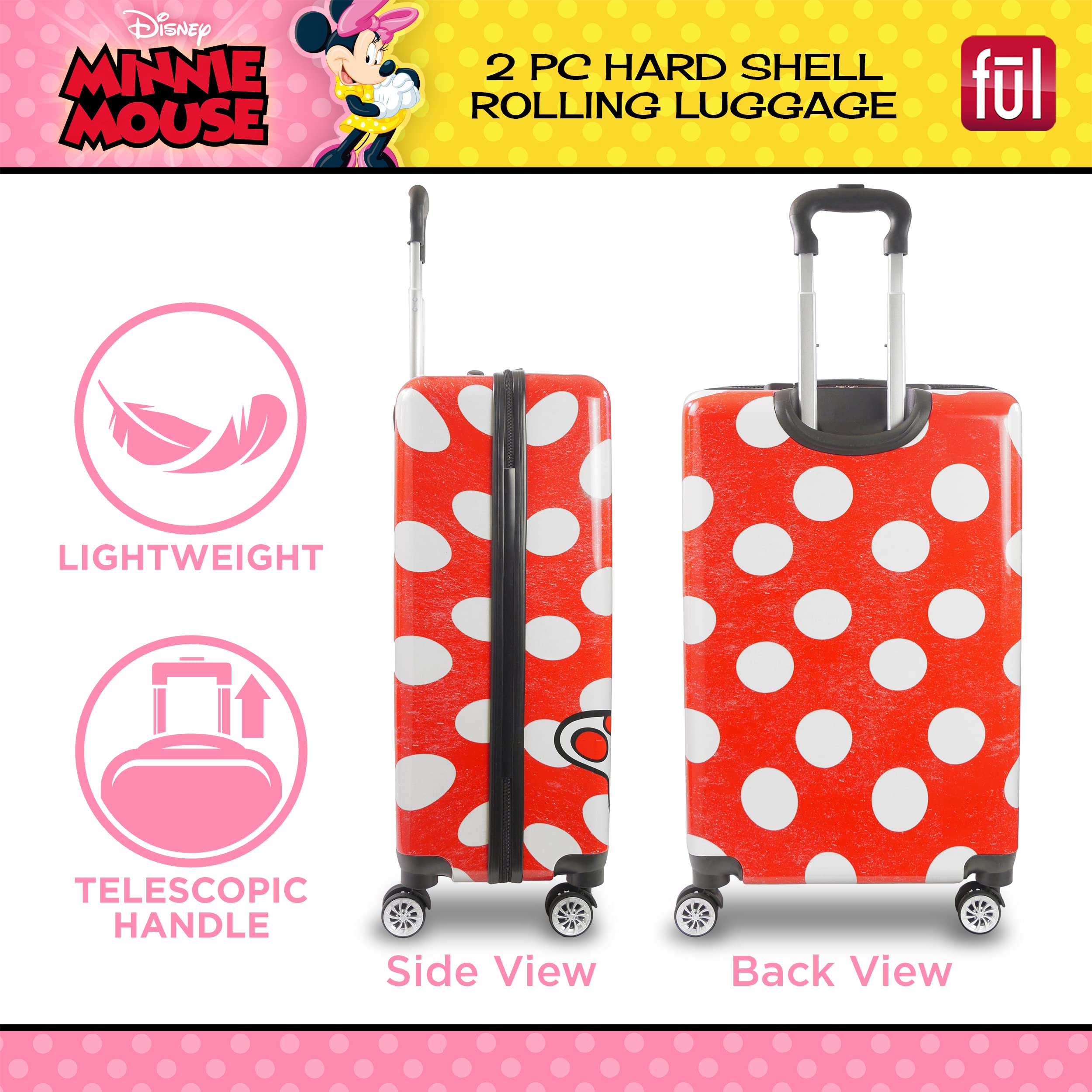 Disney Minnie Mouse Hardshell Rolling Luggage Set - 2-Piece Polka Dot Red Suitcase with Wheels for Women & Kids Travel, Vacation, and Airplane Carry-On