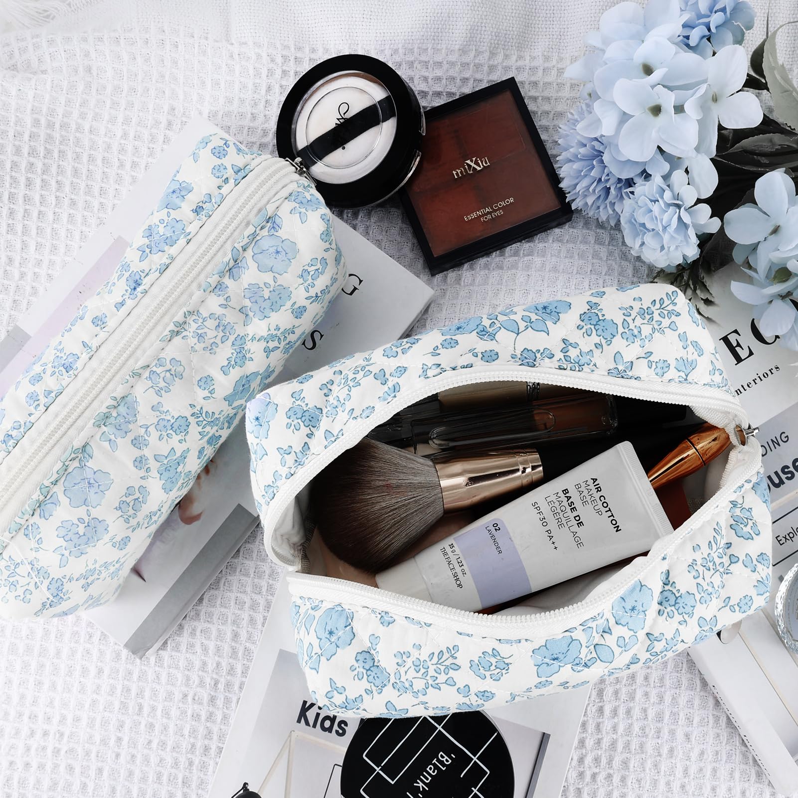 2Pcs Floral Makeup Bags for Women - Cotton Quilted Small Cosmetic Pouch with Zipper, Cute Blue Flower Design, Aesthetic Travel Toiletry Bag for Skincare & Pencil Storage | Perfect for Daily Use, Travel & Gift Giving