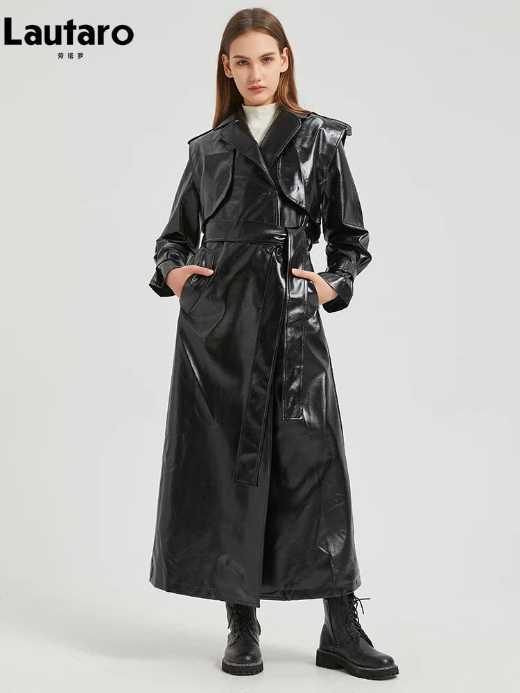 2024 Women's Extra Long Gold Shiny Patent PU Leather Trench Coat - Single Breasted Luxury Designer Overcoat for Fall & Winter | Perfect for Office Wear, Evening Events & Fashion Outings