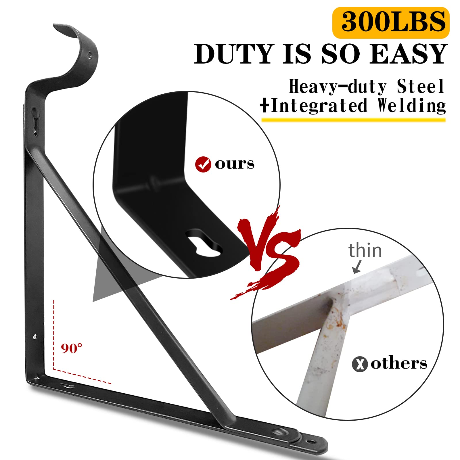 Heavy Duty Closet Rod Bracket with Shelf - 10.9x10.2 Inch Black Wall Mounted Clothes Hanger Support (4 Pack) - Perfect for Bedroom Closet Organization & Garment Storage