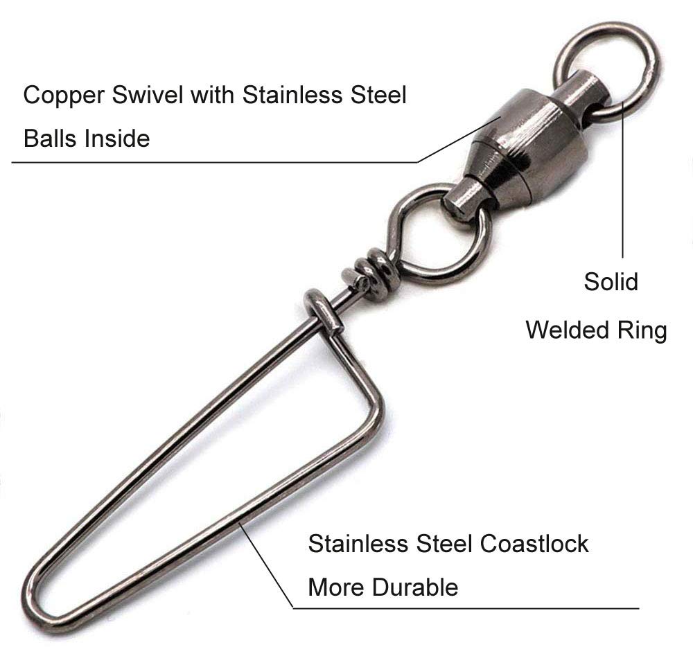 JSHANMEI High Strength Fishing Snap Swivels - Ball Bearing Swivels Stainless Steel Saltwater Corrosion Resistant Barrel Swivel Tackle for Freshwater & Saltwater Fishing, Trolling, and Ice Fishing