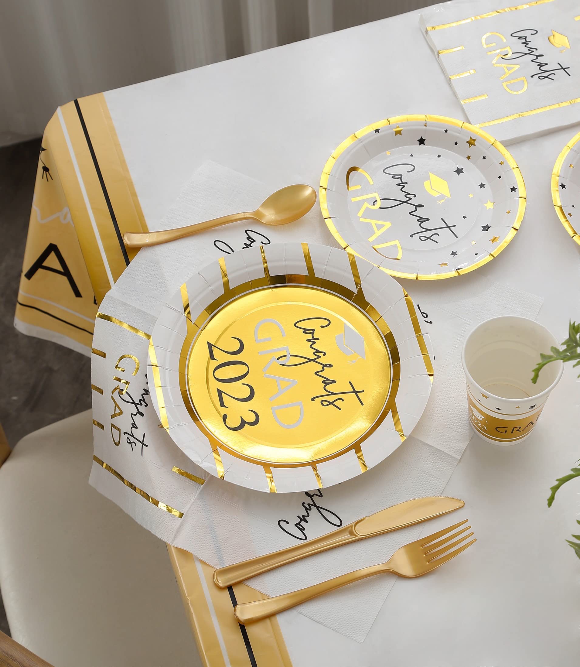 2023 Graduation Party Supplies Set - 16-Piece White & Gold Plates, Napkins, Cups & Cutlery for College Graduation Decorations & Favors - Perfect for Commencement Celebrations, Graduation Dinners & Open House Parties