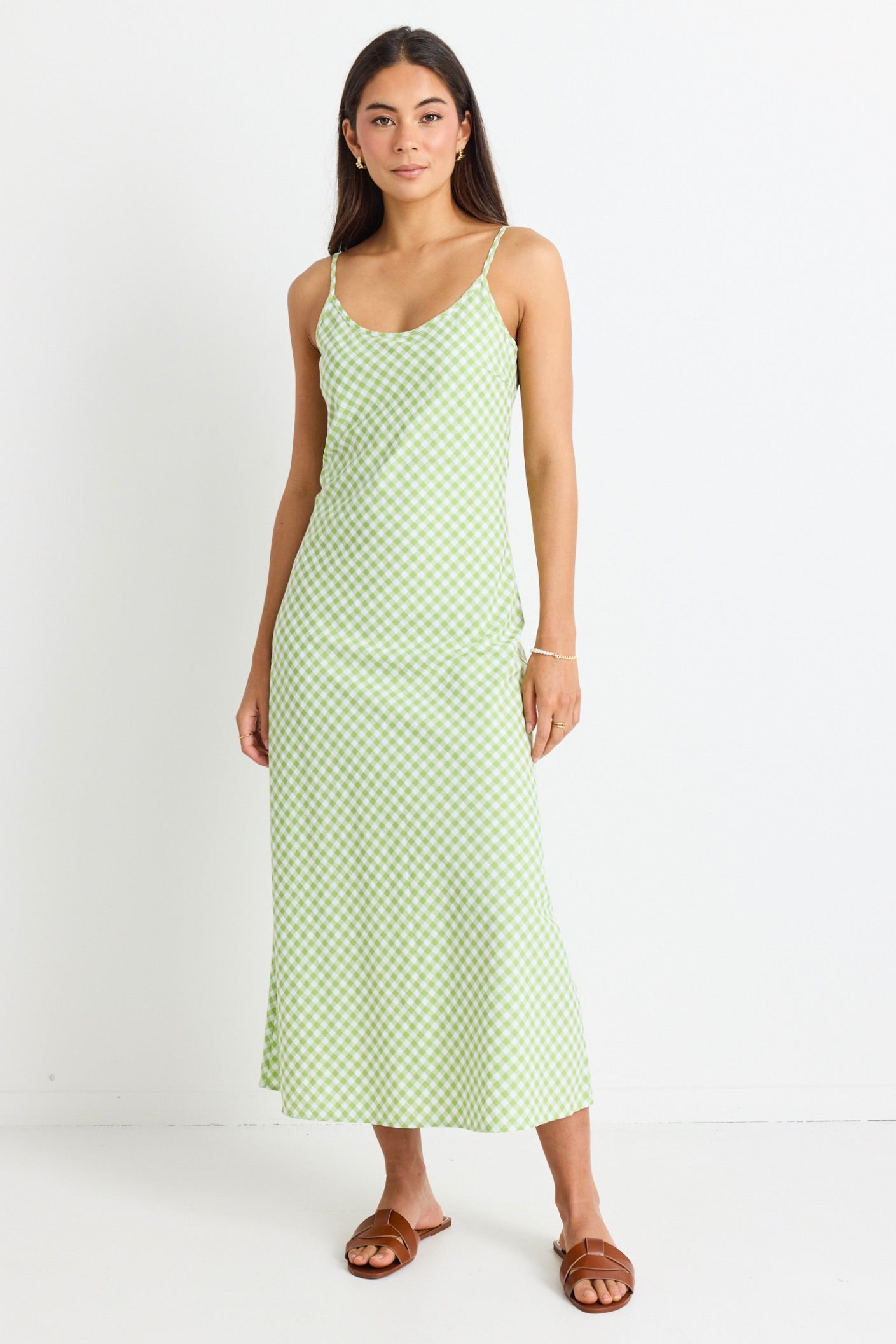 Golden Hour Green Gingham Bias Slip Dress - Women's Summer Flowy Midi Dress for Beach, Wedding & Date Night