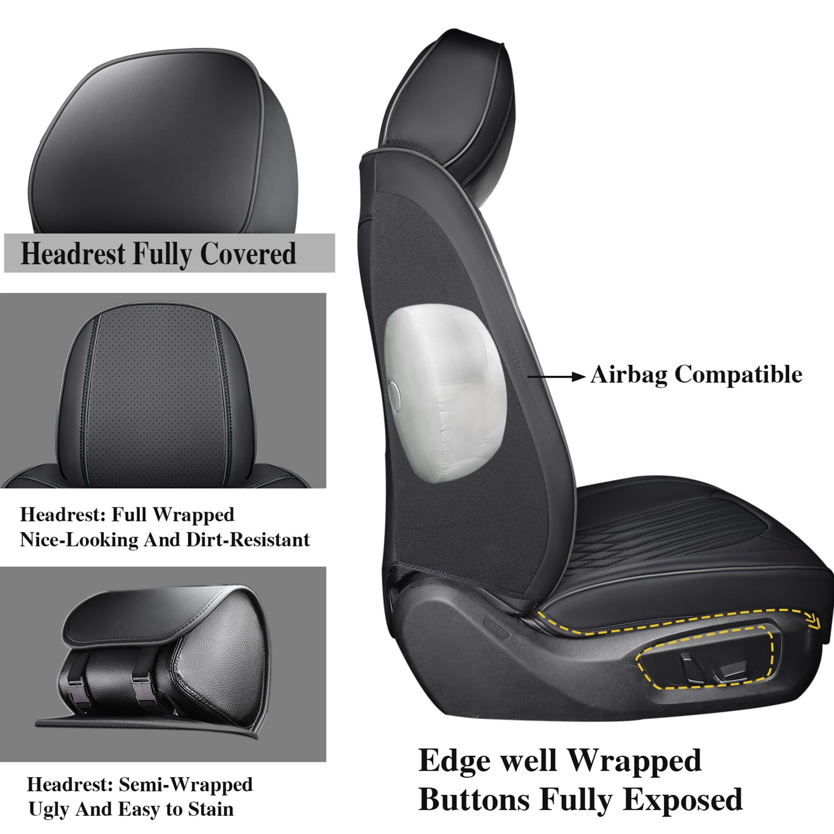 Premium Faux Leather Front Car Seat Covers for Cars & SUVs - Super Breathable, Full Wrapping Edge with Storage Bags - Universal Fit for Most Sedans (2 Front Black) - Perfect for Daily Commute, Road Trips & Car Protection
