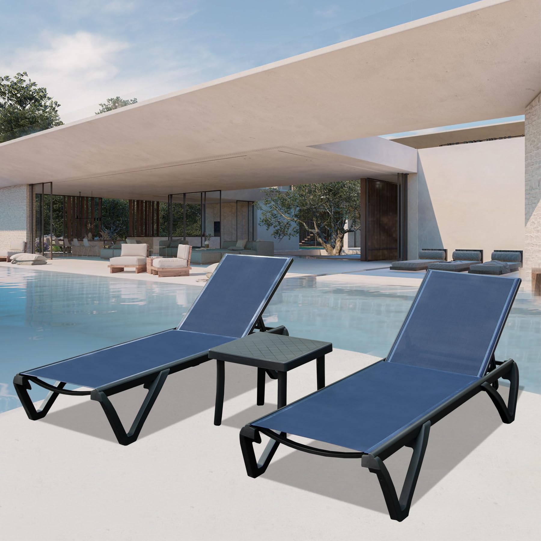 **Domi 3-Piece Pool Lounge Chair Set with Side Table - 5-Position Adjustable Aluminum Chaise Lounge with Wheels - Navy Blue Outdoor Furniture for Poolside, Garden, Beach & Backyard Relaxation**