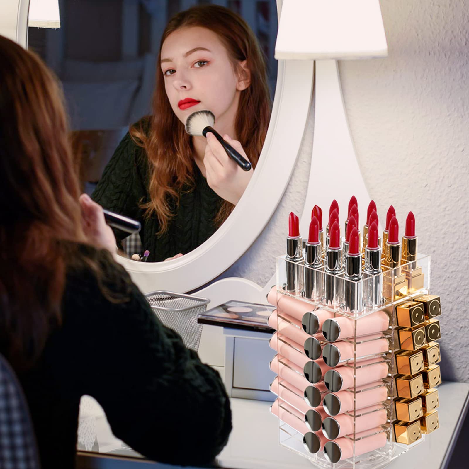 Display4Top Acrylic Rotating 64-Slot Lipstick Organizer - 360° Spinning Lipstick Tower with Removable Dividers | Perfect for Makeup Vanity, Cosmetic Display & Beauty Salon Organization