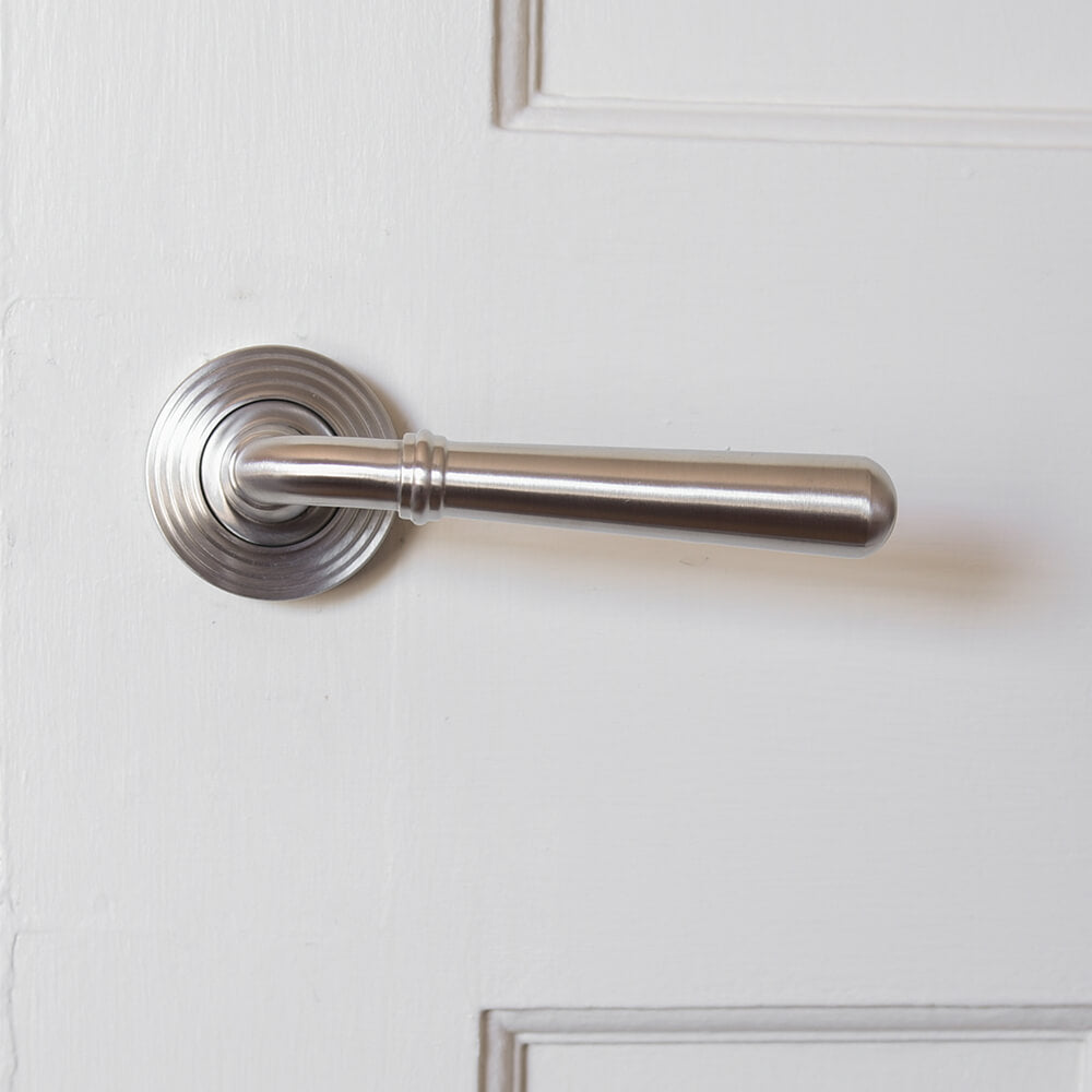 Stainless Steel Satin Newbury Lever Door Handles with Concealed Beehive Rose - Perfect for Modern Home Interior, Bedroom, Office & Commercial Spaces