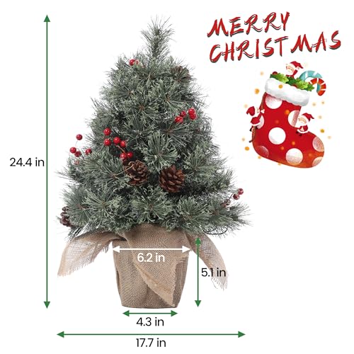 GARVEE 2ft Pre-Lit Mini Christmas Tree with LED Lights, Pine Cones & Berries - Artificial Tabletop Xmas Tree with Cloth Bag Base - Perfect for Desk, Office, Shelf & Small Space Holiday Decorations