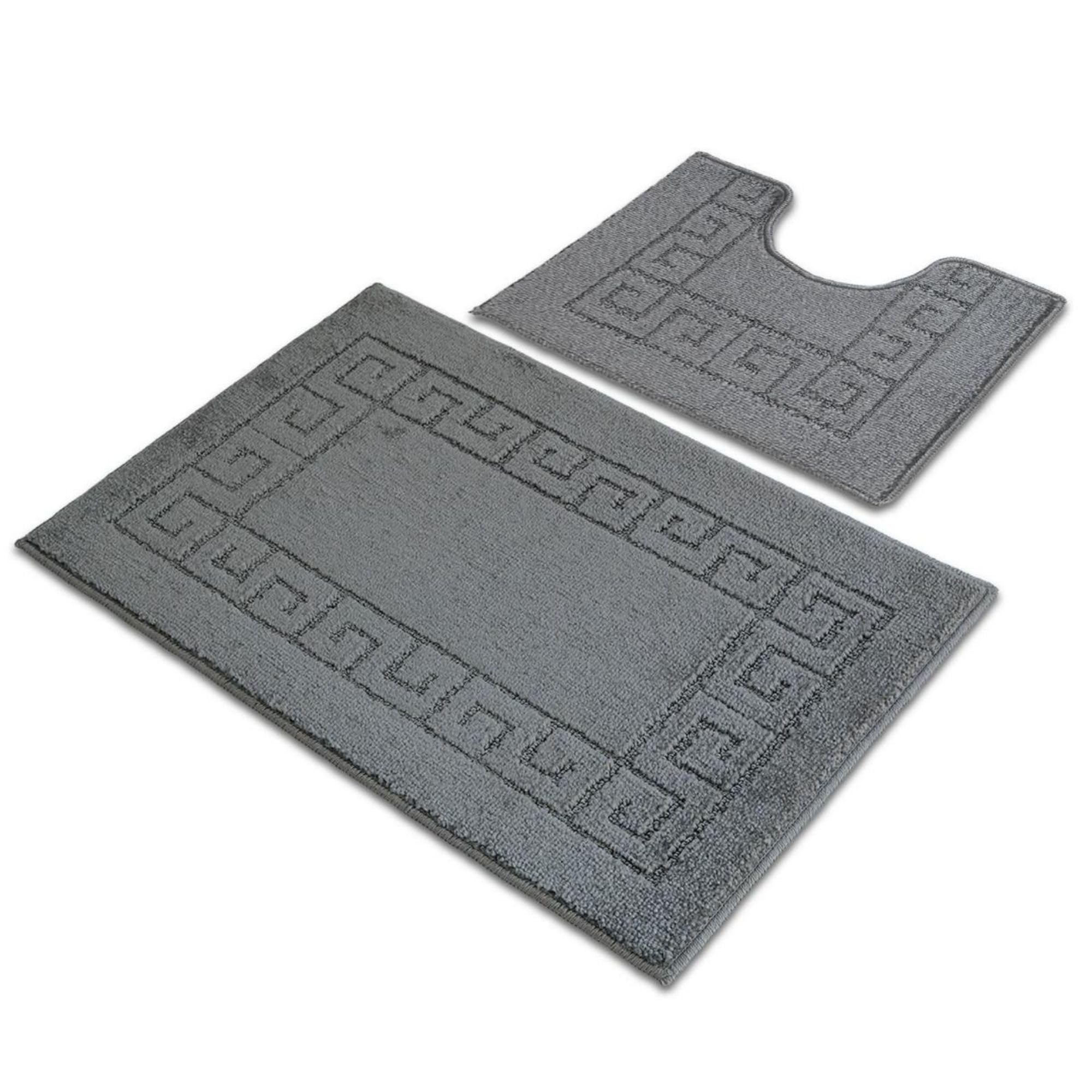 Premium Greek Key Pattern Bath Mats 2-Piece Set - Non-Slip, Quick Dry, Washable Bathroom Rug & Pedestal Mat Set (Charcoal) for Luxury Bathroom Decor & Spa-Like Shower Experience