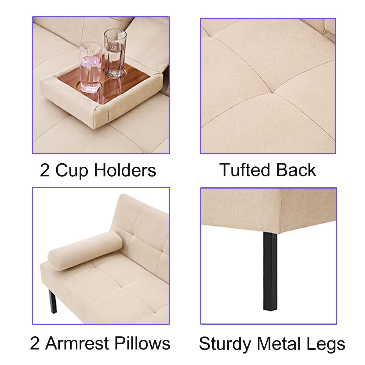 Panana Modern Convertible Futon Sofa Bed - Linen Fabric Upholstered, 5-Angle Adjustable with 2 Cup Holders, Beige | Space-Saving Daybed & Guest Bed for Small Apartments, Dorms & Home Offices