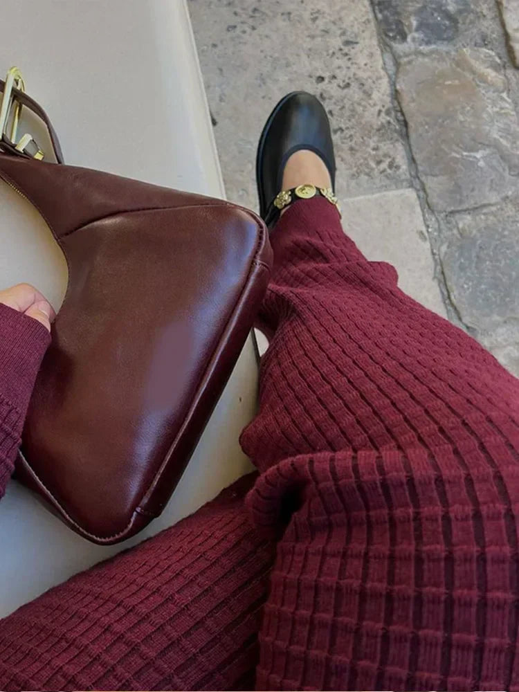 Women's Autumn Wine Red Knit Sweater 2-Piece Set with V-Neck Cardigan & High Waist Wide Leg Pants | Casual Fashion Outfit for Work, Dating & Fall Season