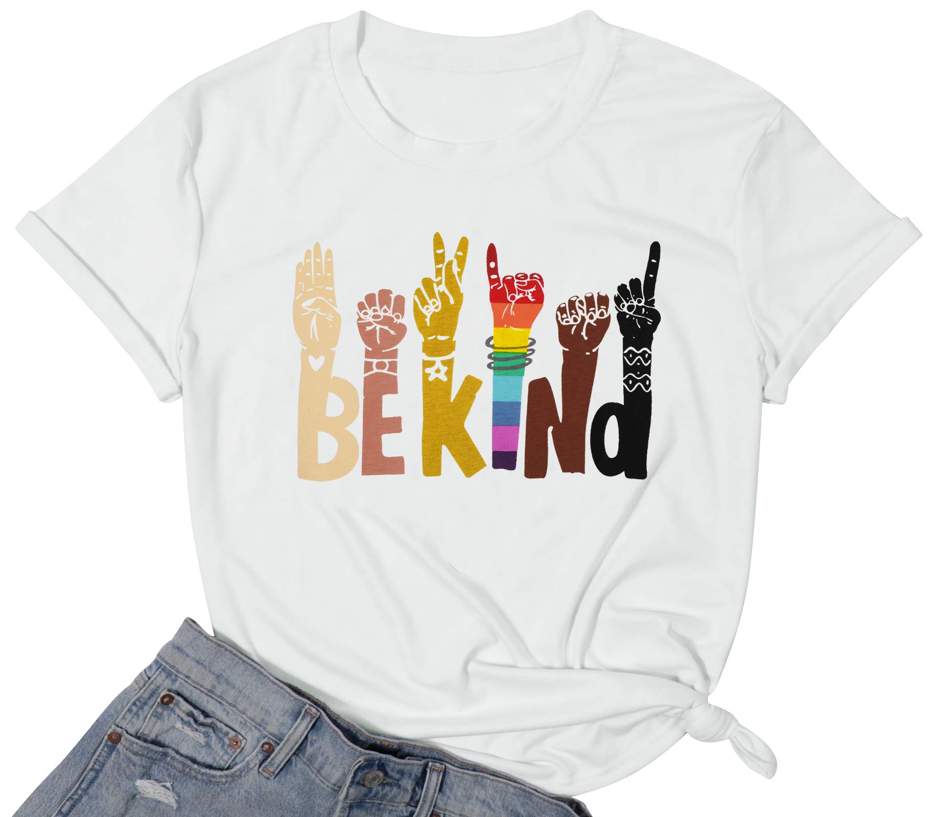 Women's Be Kind Sign Language Graphic Tee - Inspirational Casual Short Sleeve T-Shirt - LGBT Rainbow Pride Top for Everyday Wear & Awareness