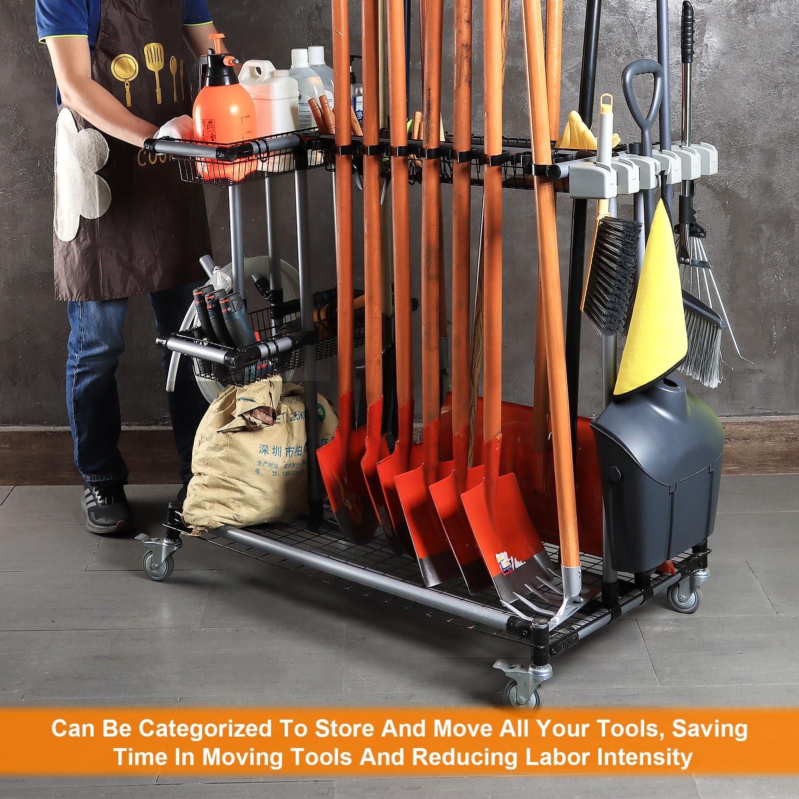 JGLDG Heavy-Duty Yard Tool Storage Rack with 4 Rolling Casters - Organize Garden Tools, Shovels & Rakes Easily - Perfect for Garage, Shed & Outdoor Storage
