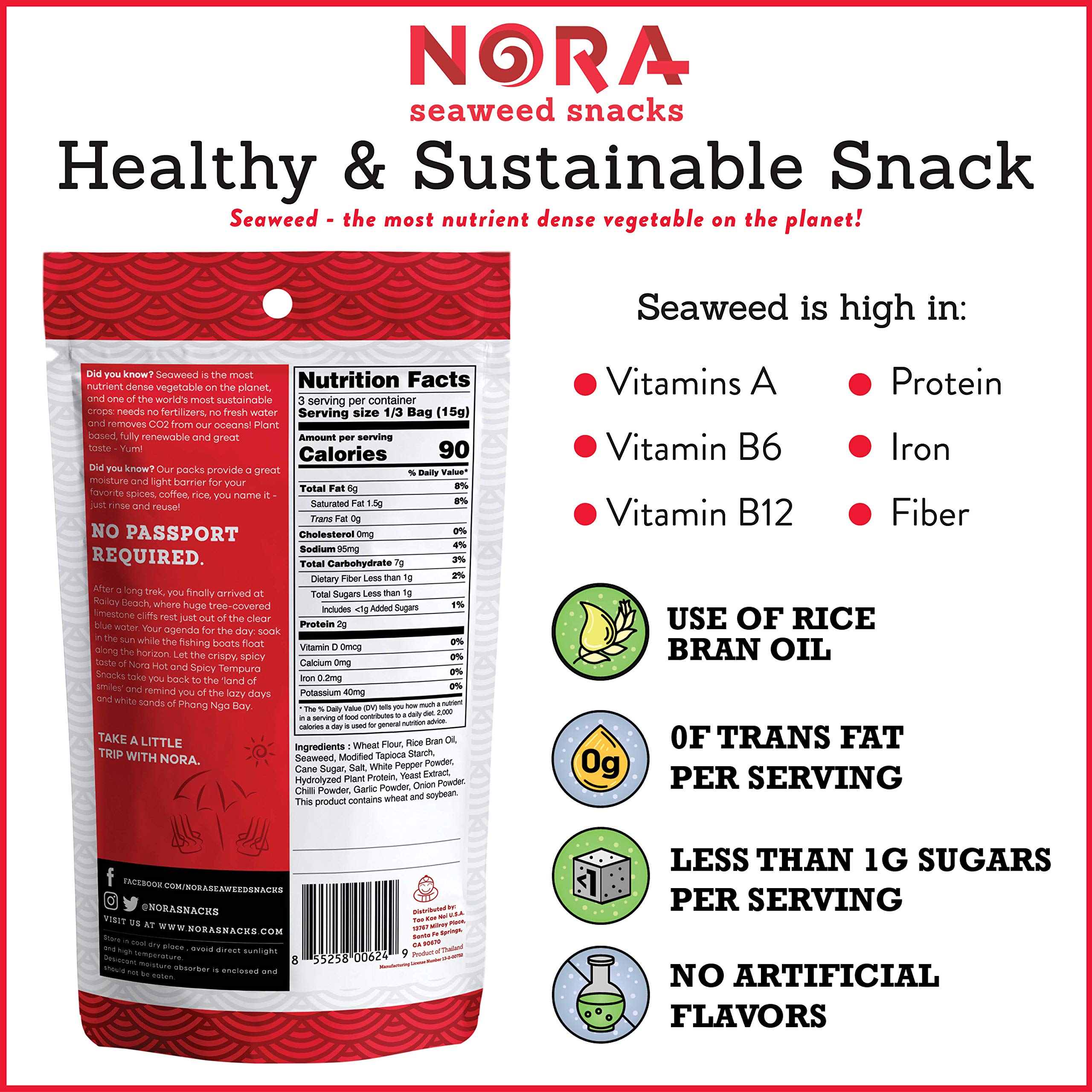 **Nora Spicy Tempura Seaweed Snacks - Thick Nori Sheets Snack Strips | Low-Carb, Vegan, Non-GMO Healthy Snacks for Adults | Asian-Inspired Crunchy Treats | Perfect for Office, Travel & Keto Diet | 6-Pack**