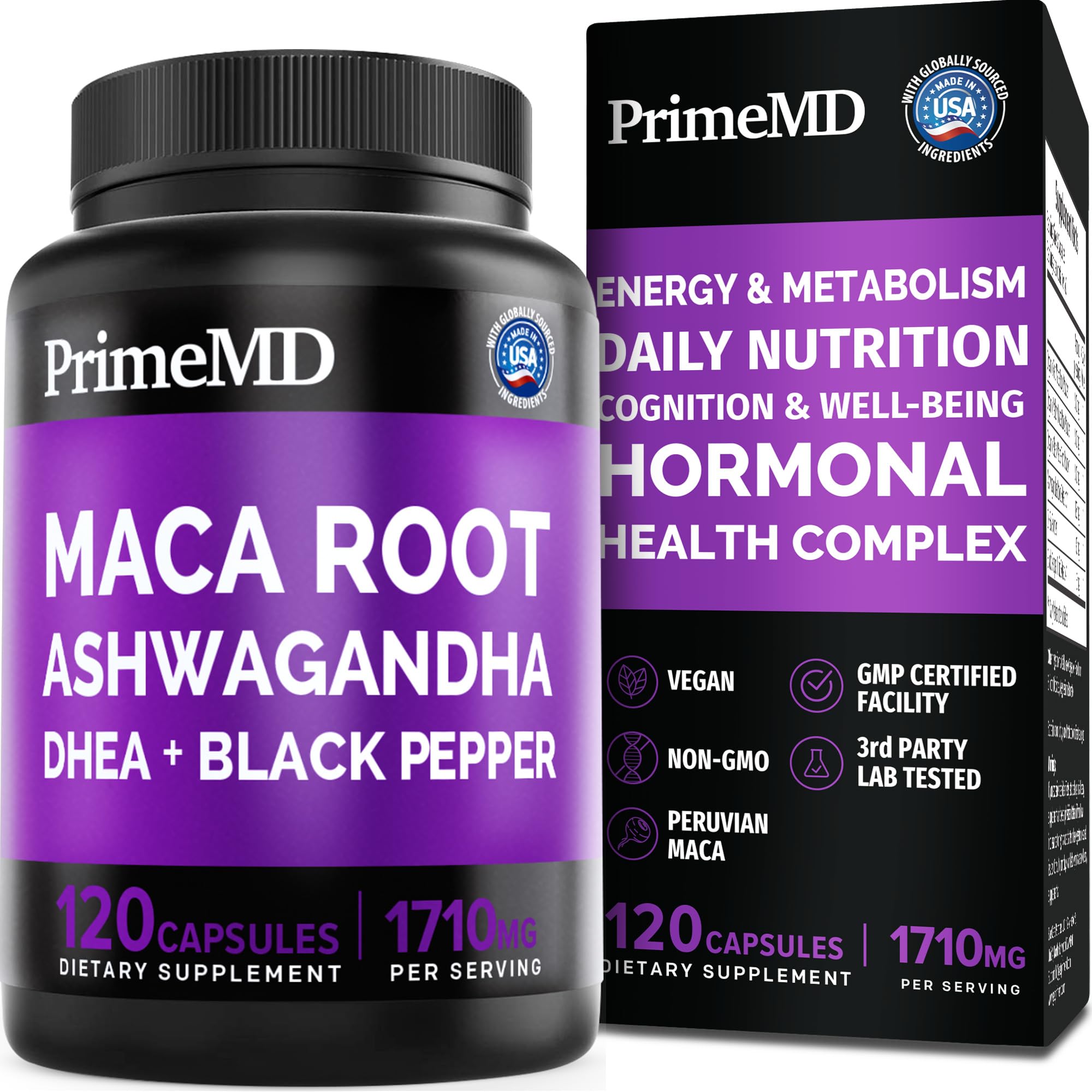6-in-1 Organic Maca Root Ashwagandha Capsules 1710mg with DHEA & Black Pepper Extract - Natural Energy & Mood Booster for Men & Women - Supports Stamina, Bone Health & Stress Relief - 120 Capsules (40 Servings) - Perfect for Workout Recovery & Daily Wellness Routine