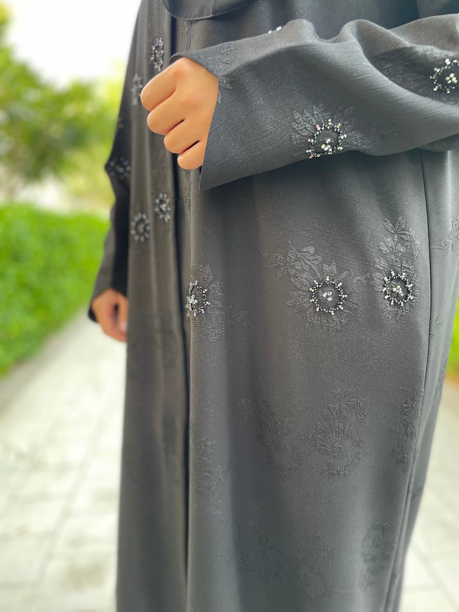 Elegant Black Open Abaya with Floral Embossed Design & Handcrafted Beading - Perfect for Muslim Women's Prayer, Eid Celebrations & Special Occasions