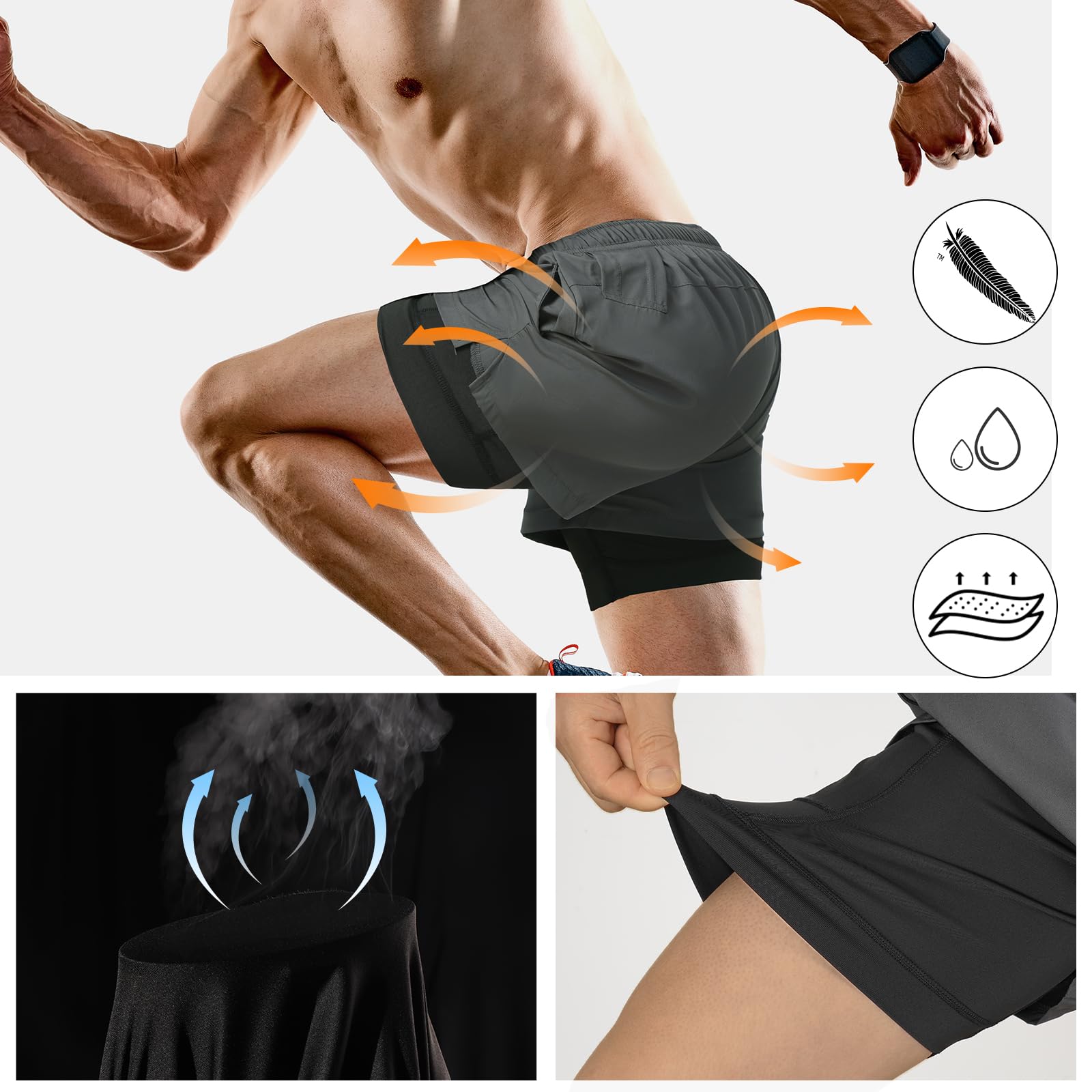 FUNARTY 2 Pack Men's 2-in-1 Running Shorts with Liner - 7 Inch Inseam Gym Workout Shorts for Men with Zip Pockets - Perfect for Jogging, Training & Outdoor Sports