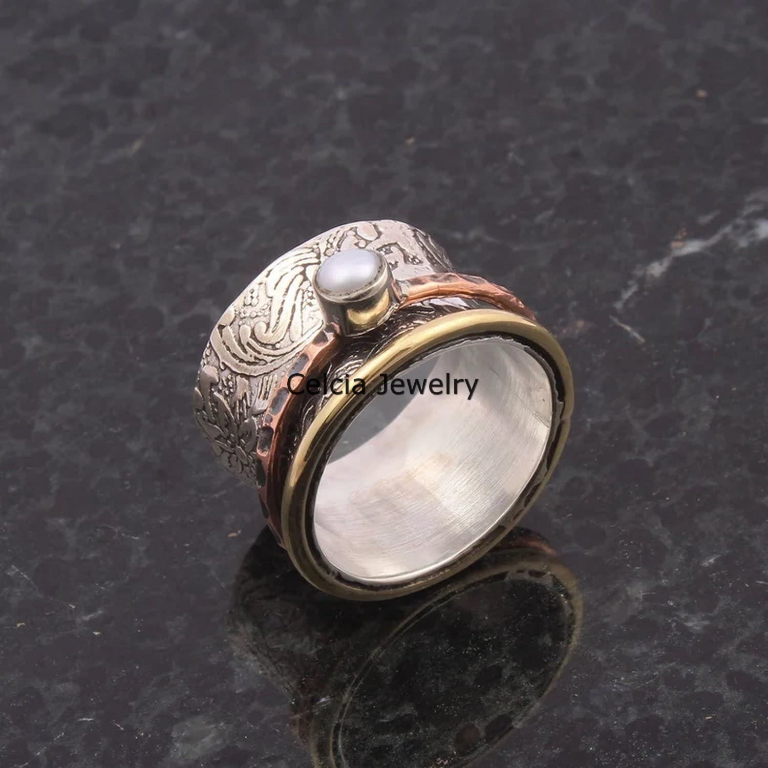 Natural Pearl Gemstone Silver Spinner Ring for Stress Relief & Meditation | Adjustable Three-Tone Spinning Ring with June Birthstone | Perfect for Yoga, Mindfulness & Fashion Statement (Size 7)