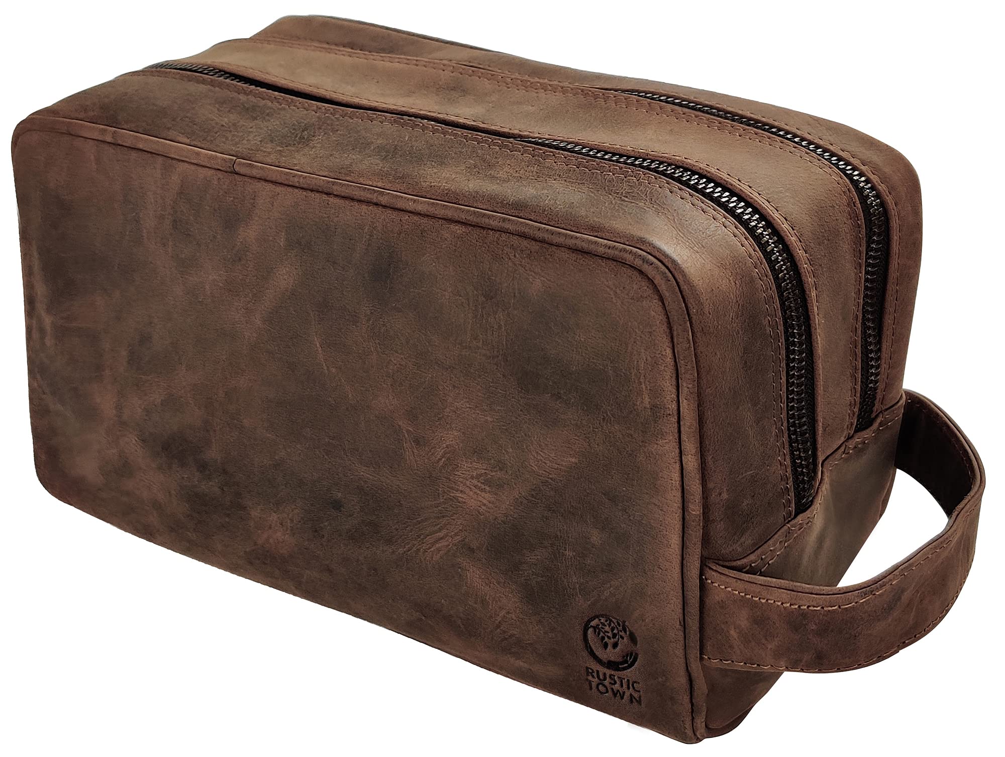 Premium Full Grain Leather Travel Toiletry Bag - Rustic Town Dopp Kit Organizer for Men & Women (Dark Brown) - Perfect for Camping, Business Trips & Vacation Essentials Storage