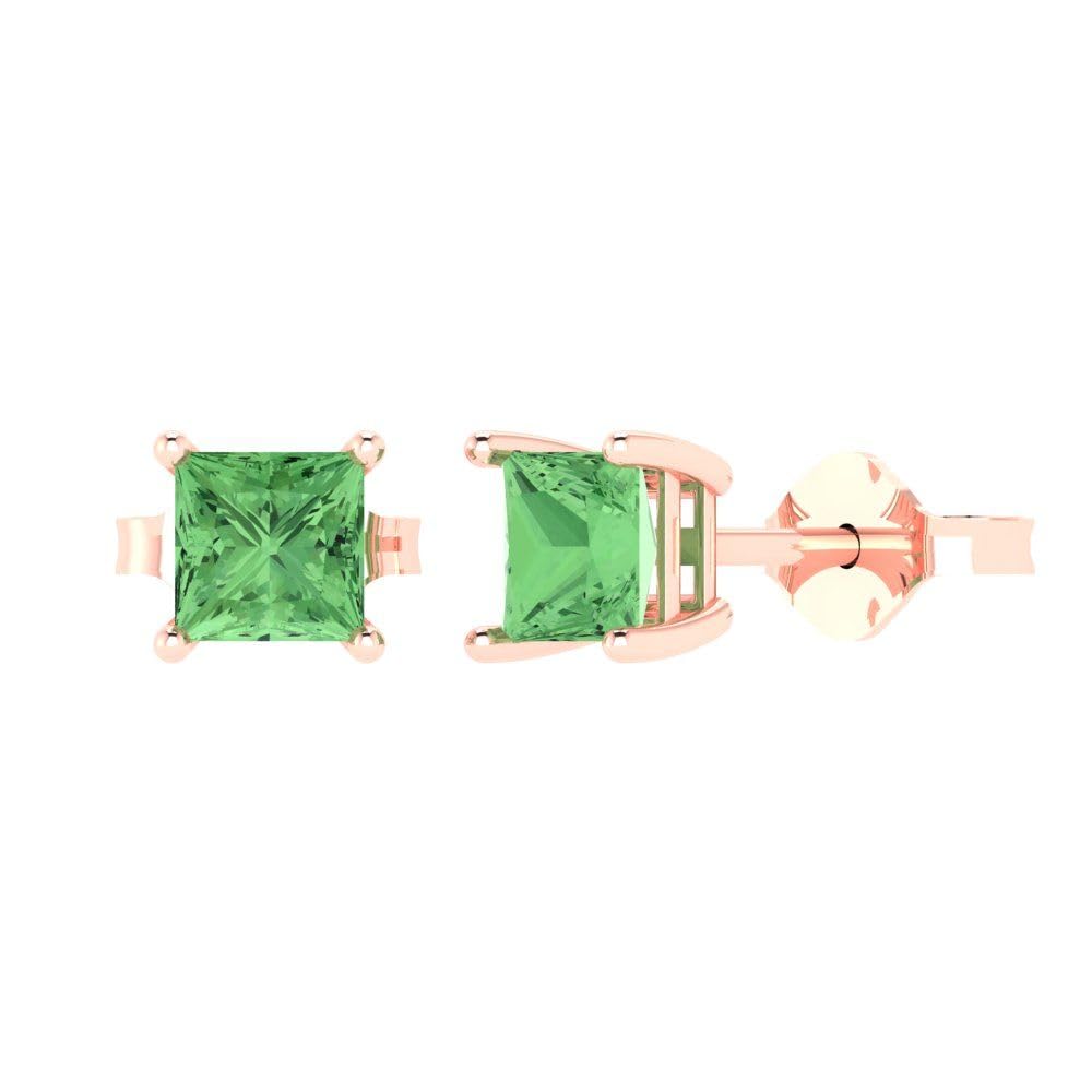 1.0 Carat Princess Cut Green Simulated Diamond Stud Earrings in 14K Rose Gold - Push Back Design for Anniversary, Wedding & Special Occasions