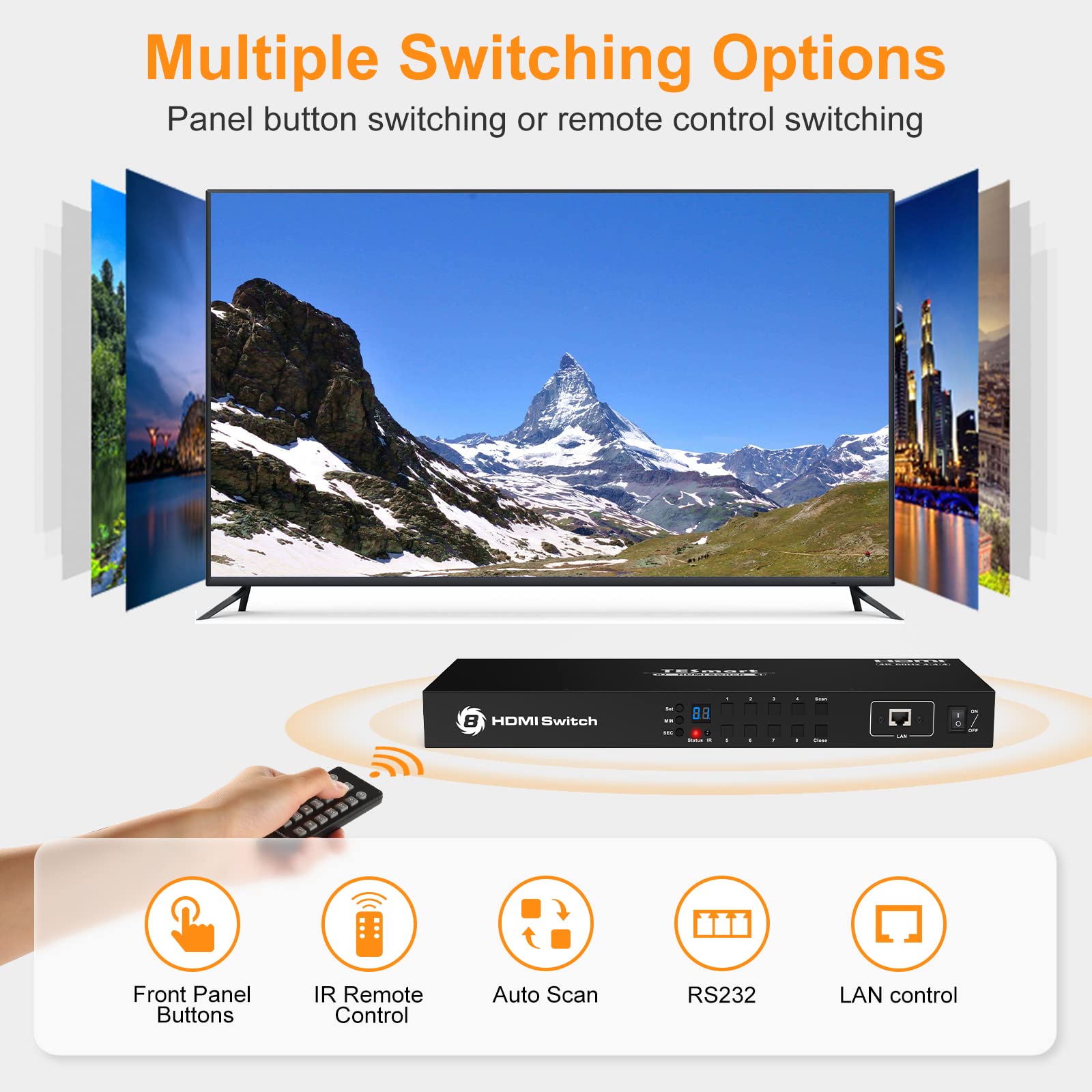 TESmart 8×1 HDMI Switch 8 in 1 Out 4K@60Hz HDCP 2.2 - 19-inch Rack Mount with RS-232/LAN Control, IR Remote & Auto Switching - Ideal for Home Theater, Gaming & Conference Room AV Setup (Black)