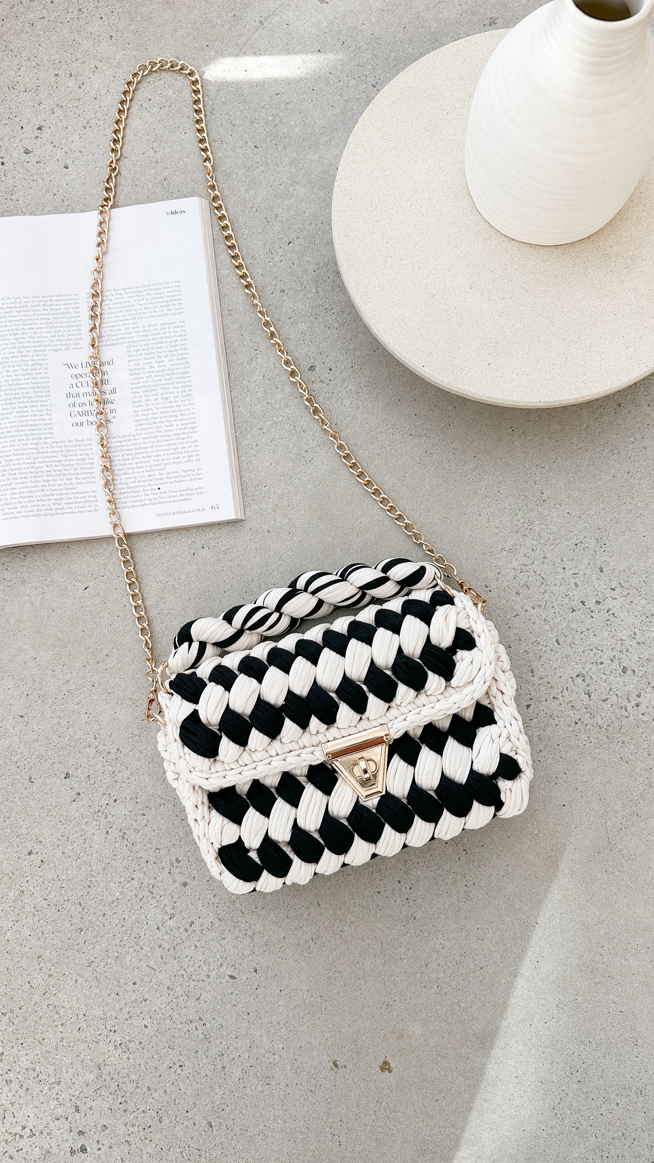 Annabel Chunky Braided Handbag for Women - Stylish Cream & Black Crossbody Purse - Perfect for Work, Travel, and Everyday Use
