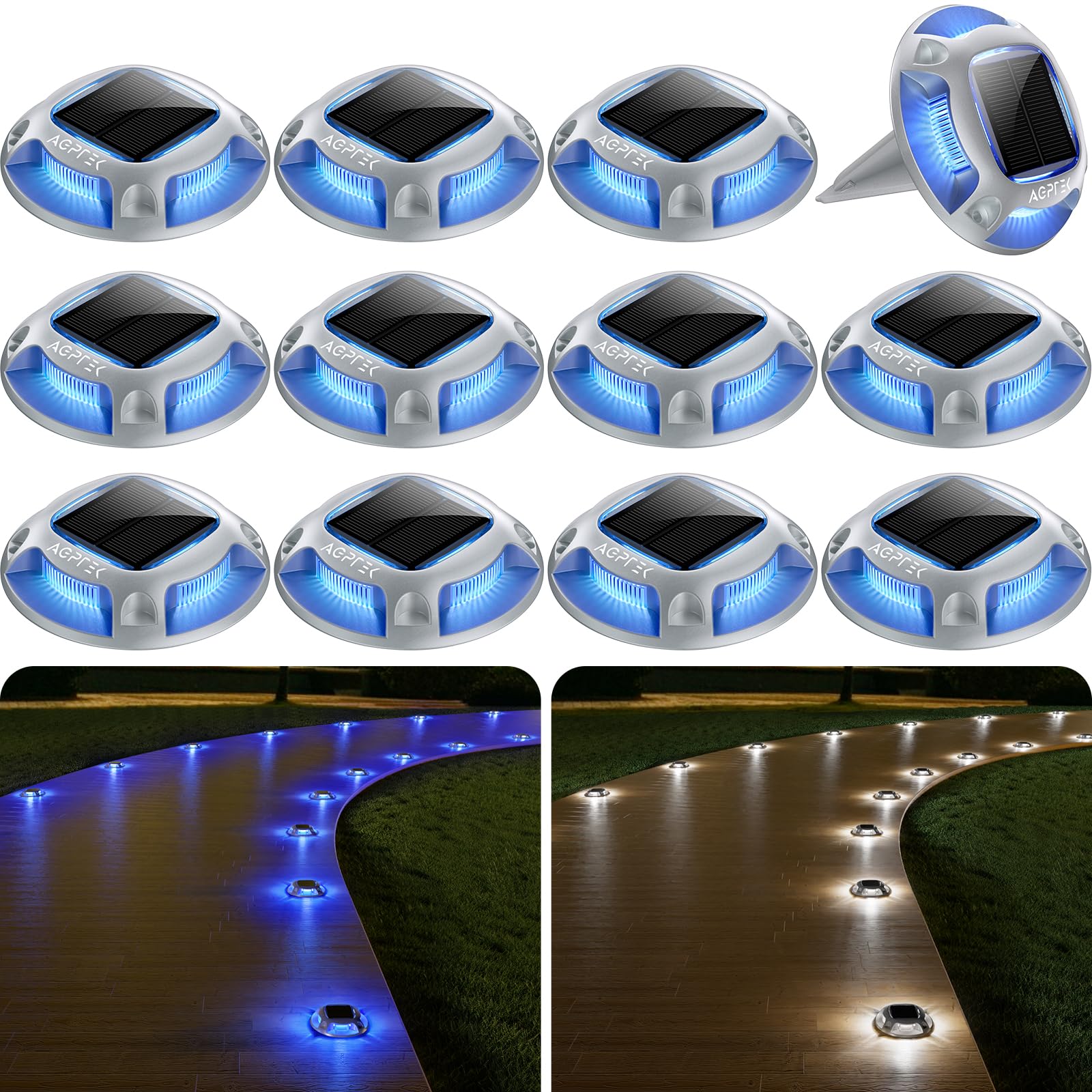 AGPTEK 12 Pack Solar Driveway Lights - Waterproof Outdoor LED Pathway Markers with 2 Colors (Blue & White) for Driveway, Garden, Walkway, Boat Dock & Marine Use - Perfect for Home Security & Landscape Lighting