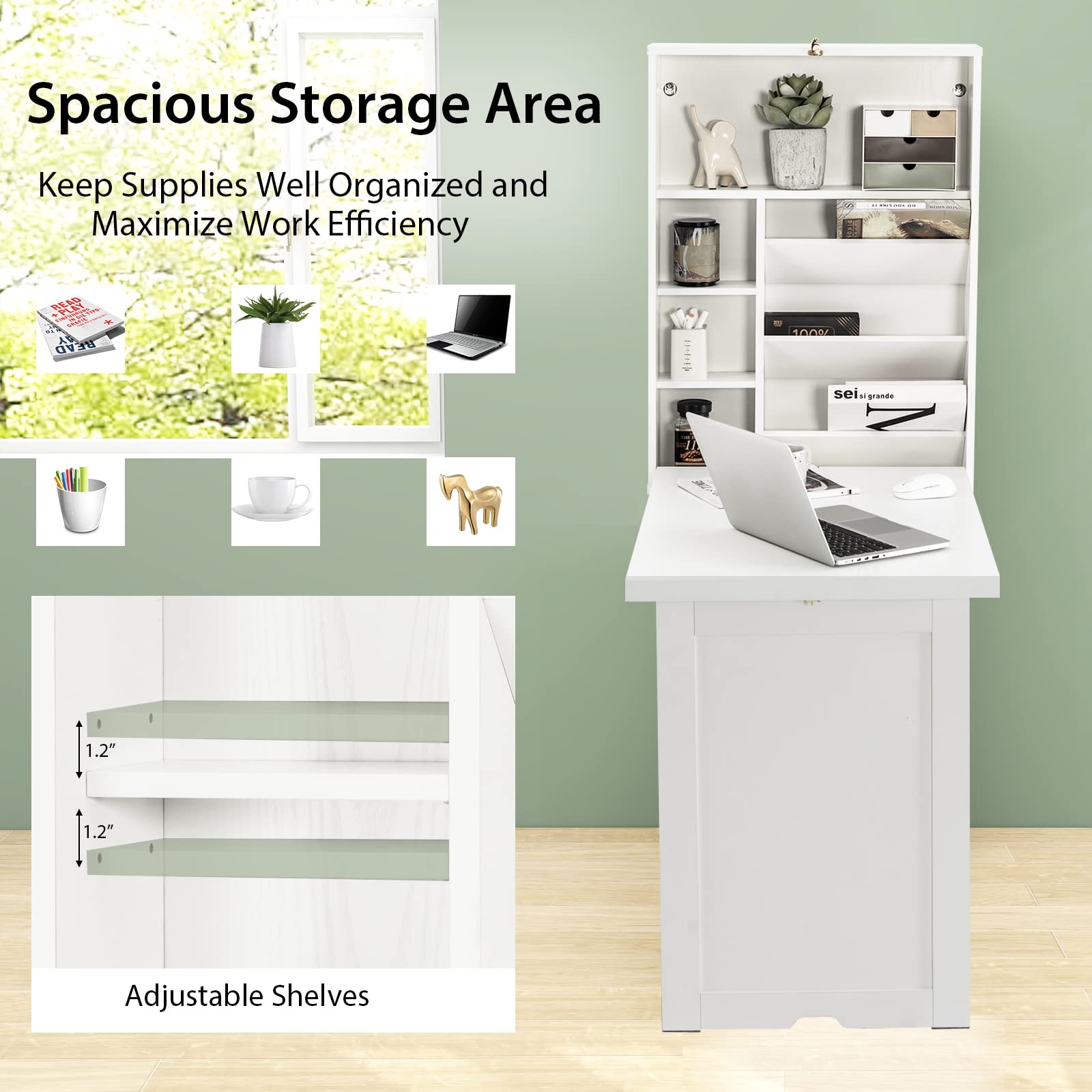 Tangkula Foldable Wall Mounted Desk with Storage Shelves & Hooks - Space Saving Floating Murphy Desk for Small Spaces, Home Office, Dorm Room - Perfect for Compact Living, Study & Workstations