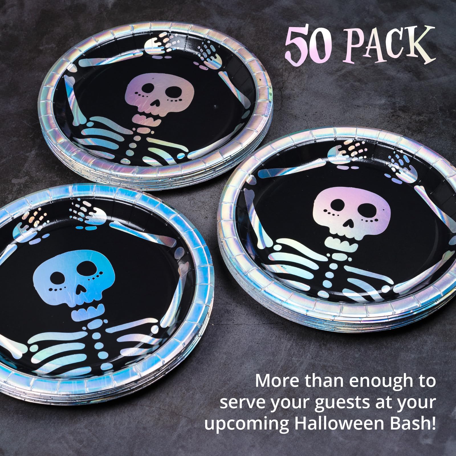 Halloween Paper Plates 50 Count - Disposable Halloween Dinner Plates with Skeleton & Iridescent Silver Foil Design - Perfect for Halloween Party Decorations, Trick or Treat Gatherings, and Spooky Themed Events