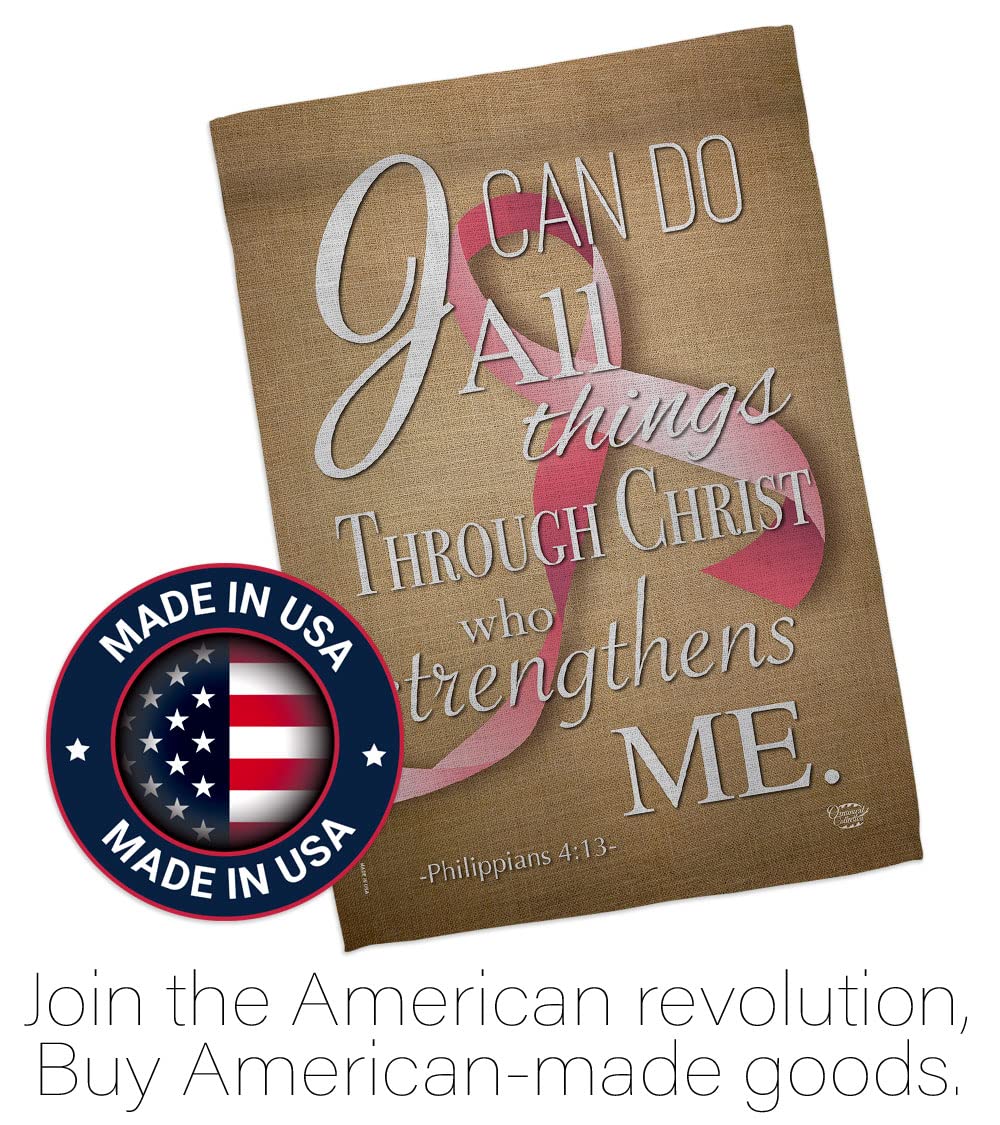 Inspirational Pink Ribbon Garden Flag - I Can Do All Things Through Christ - Support Cancer, Autism & BLM Awareness - Double-Sided 13x18.5 Inch House Banner for Yard Decor, Survivor Gifts & Outdoor Display
