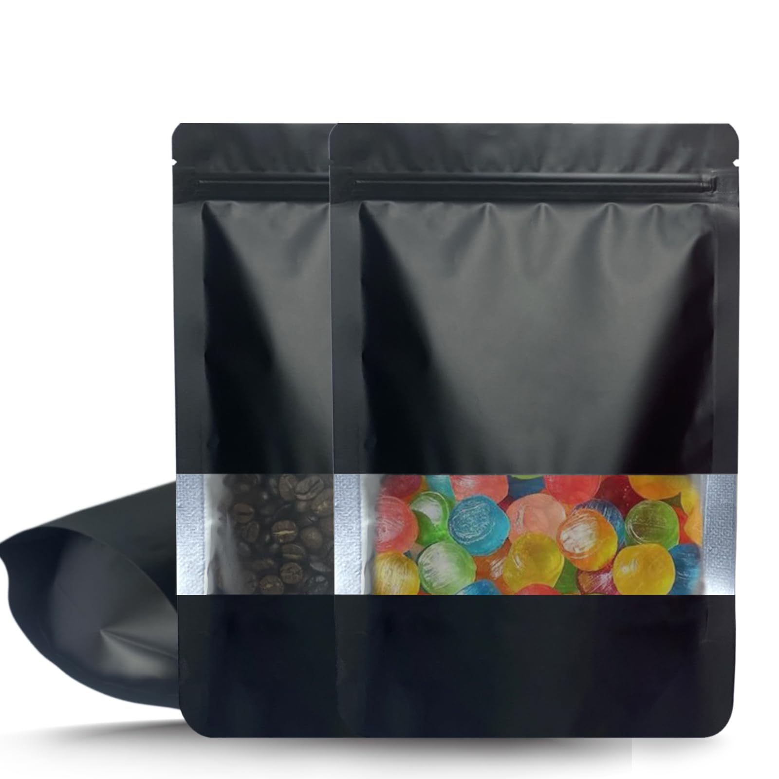50 Pcs 6x9 Inch Smell Proof Stand Up Pouches - Resealable Mylar Bags with Window & Zipper for Food Storage | Coffee, Snacks, Baked Goods Packaging | Ideal for Small Business, Home Kitchen & Travel (Black)