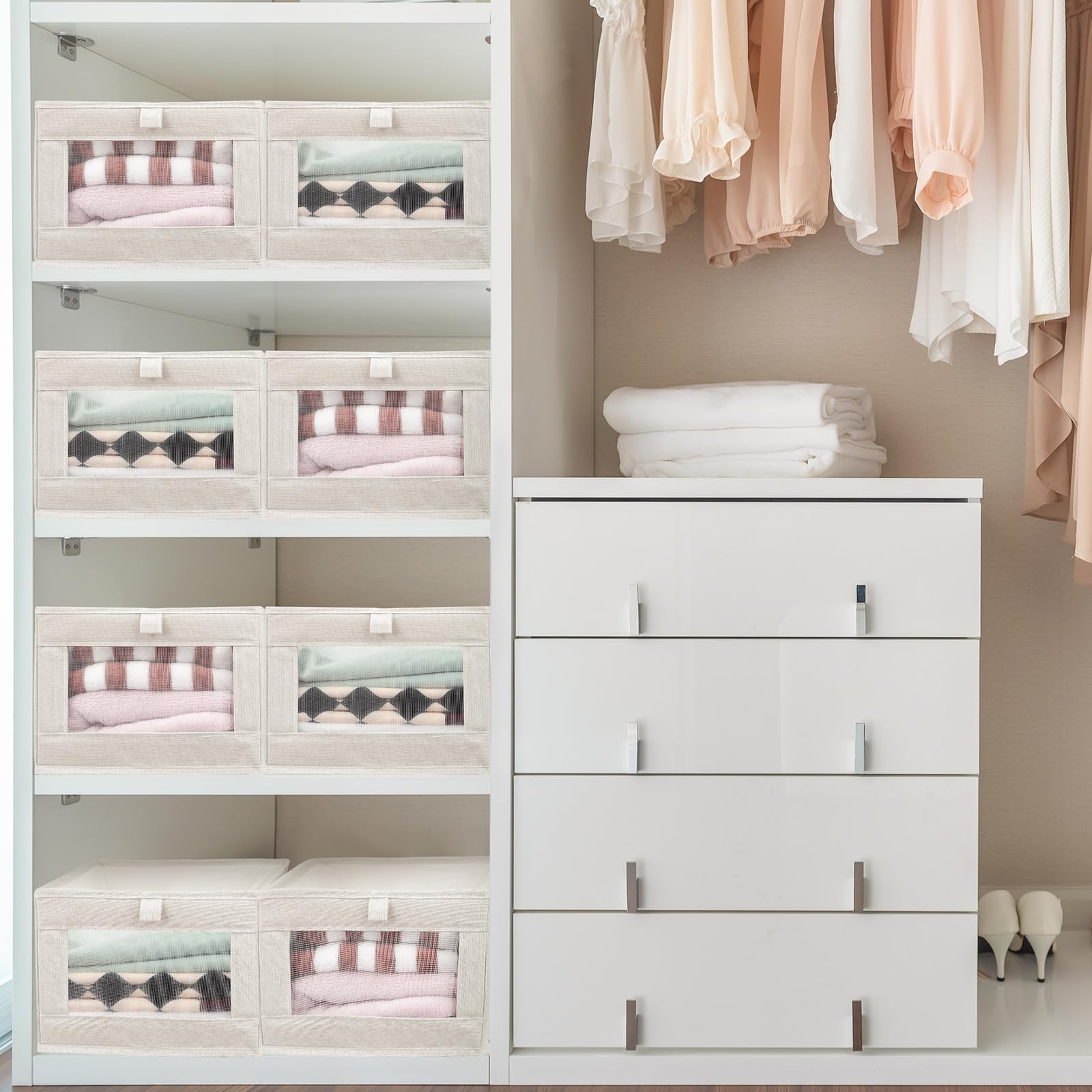 Kigley 8-Piece Linen Closet Organizer Set - Foldable Storage Bins with Window for Clothes, Jeans & Toys - Beige Fabric Shelving Baskets for Bedroom, Nursery & Closet Organization