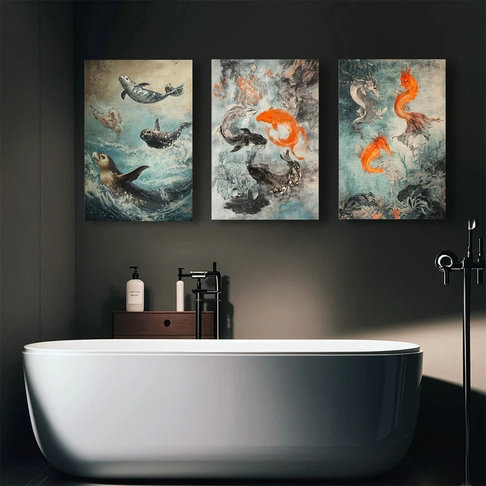 3-Piece Abstract Art Metal Print - Dancing Fish in Water Wall Decor - Ready to Hang - Perfect for Living Room, Bedroom & Office