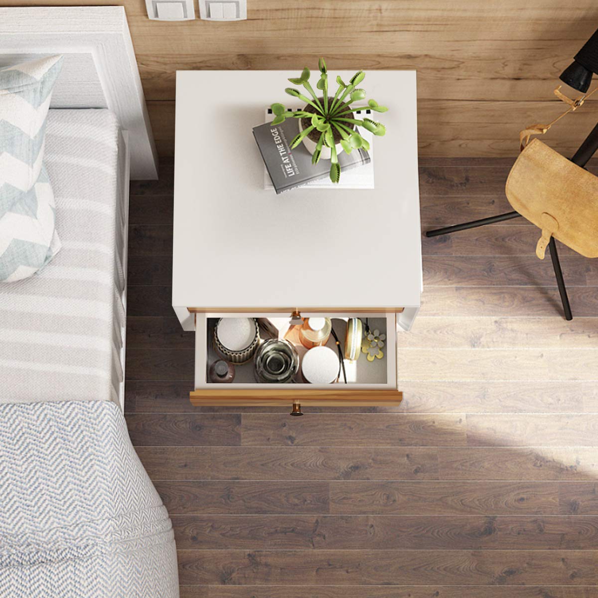 Giantex Mid Century Modern Nightstand - Wooden Bedside Table with 2 Storage Drawers & Solid Wood Legs, White & Walnut - Perfect for Bedroom, Living Room, Guest Room & Dorm (Nightstand, End Table, Side Table)