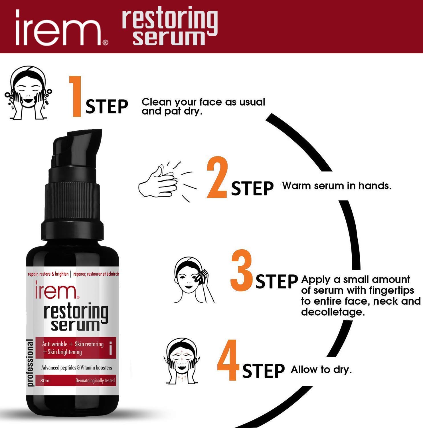 Irem Restoring Serum - Anti-Aging Collagen Boosting Serum with Powerful Peptides & Vitamin C for Skin Protection, Repair & Brightening (30ml) - Perfect for Nighttime Skincare Routine & Reducing Fine Lines