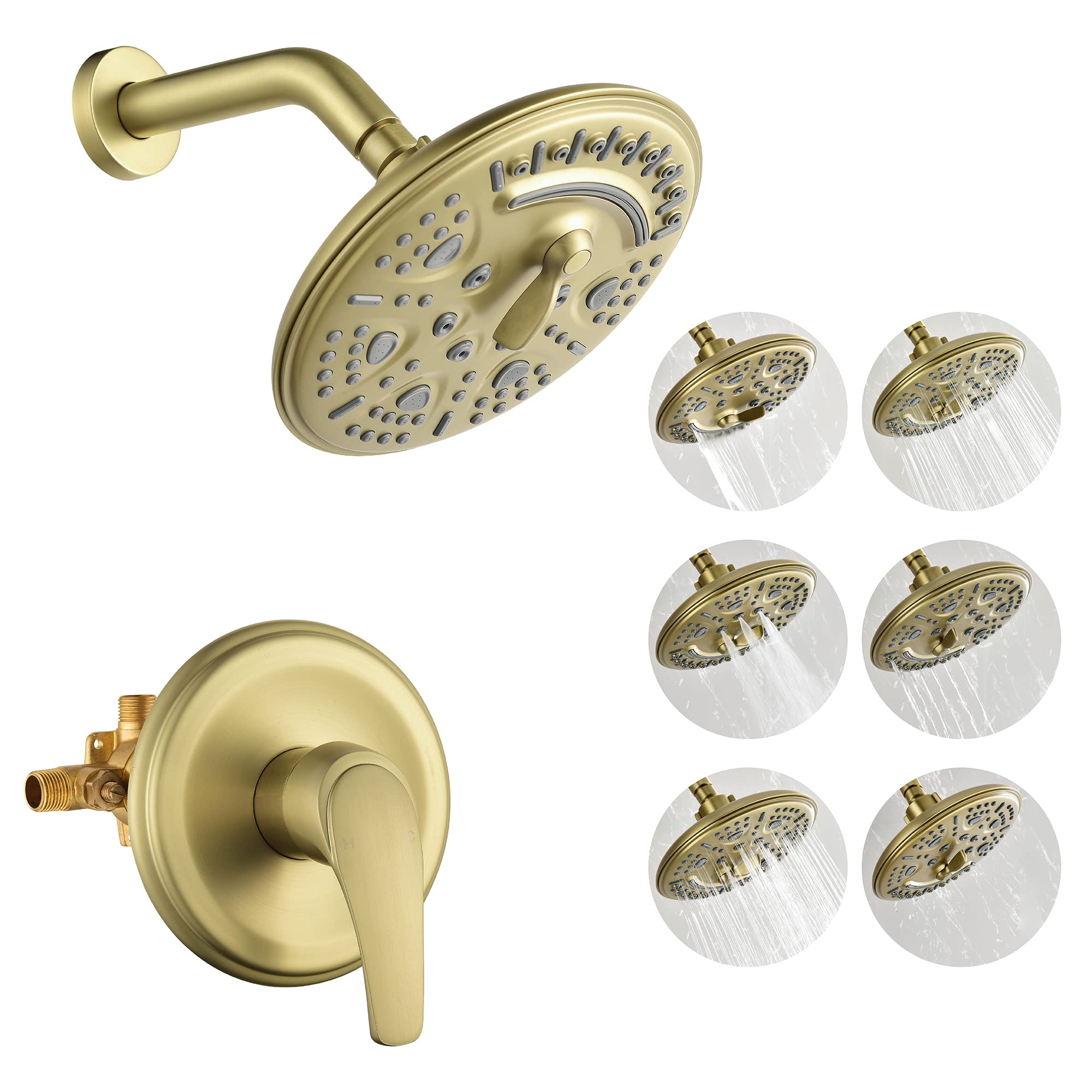 SHAMANDA Luxury Shower System with Valve - 6-Spray Shower Head & Handle Set in Brushed Gold (Model L808-3) | Complete Shower Faucet Kit for Bathroom Remodel & Spa-Like Experience