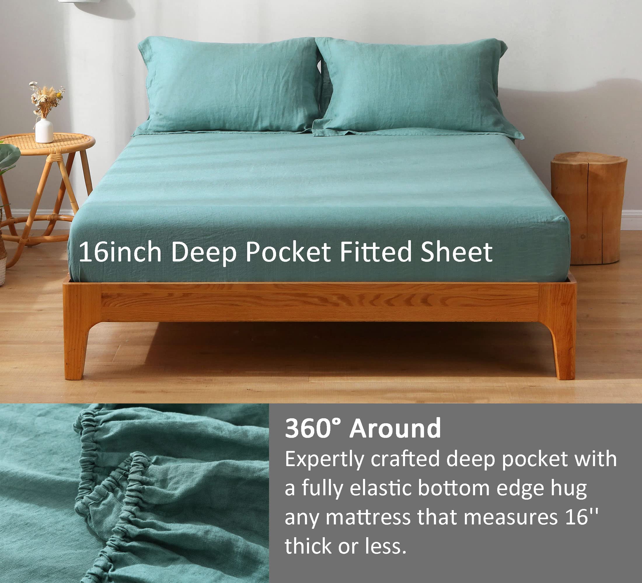 100% French Natural Linen Bedding Set - Stone Washed 4-Piece Sheet Set with Flange Pillowcases | Breathable, Durable & Hypoallergenic | Perfect for Master Bedroom, Guest Room & Vacation Homes (Full/Queen Size, Light Seagreen)