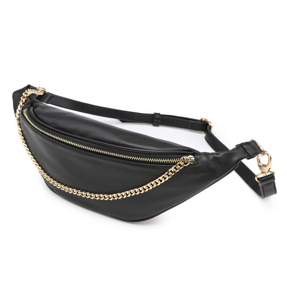 Women's Stylish Leather Waist Fanny Pack Crossbody Bag with Metallic Chain - Phone Purse for Everyday Use, Travel & Outdoor Activities (Black)