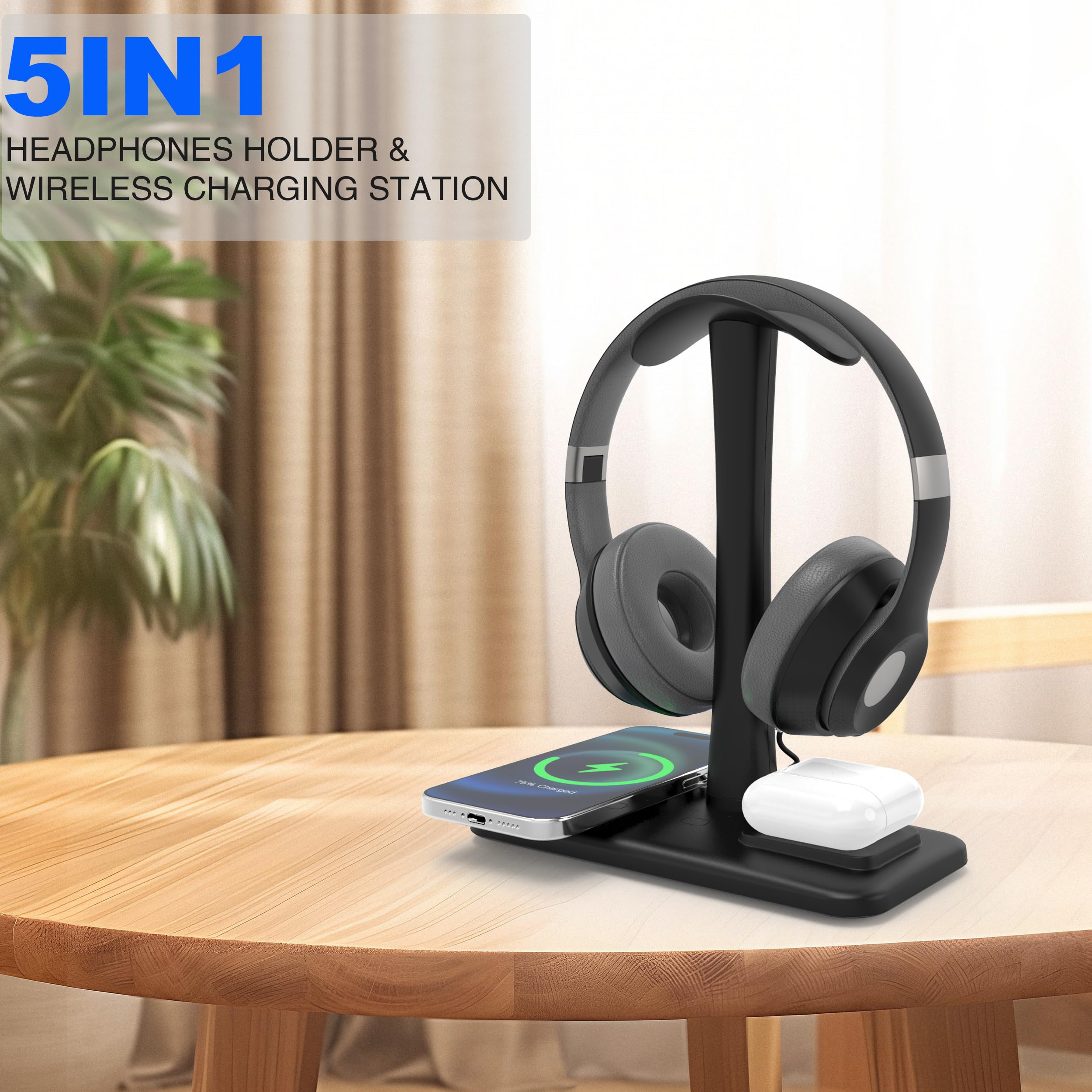 5 in 1 Wireless Charging Headphone Stand - 15W Fast Charging Station for iPhone 15/14/13/12/11/XS/XR/X, AirPods 3/2/Pro/2 - Gaming Headset Holder with USB Ports - Perfect for Office, Gaming & Home Desk Organization (Black)