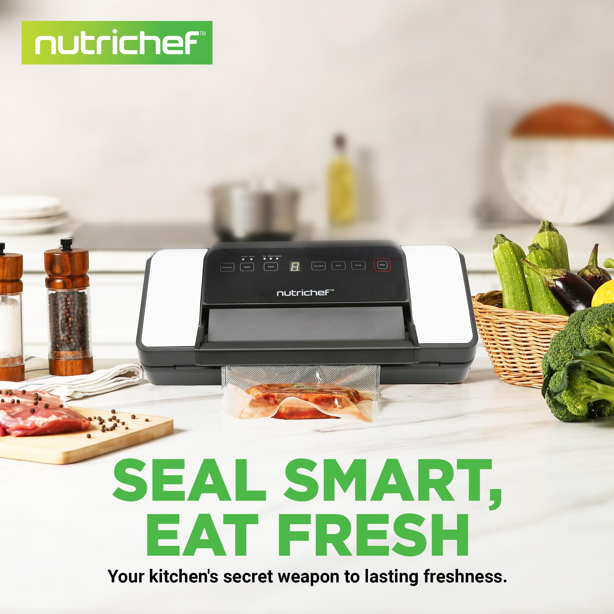 NutriChef 80Kpa Powerful Vacuum Sealer Machine for Food Preservation - Dry, Moist & Pulse Modes with Dual Seal Technology | Built-in Roll Storage & Cutter | Includes Canister Hose & Bags | Perfect for Meal Prep, Sous Vide, Freezing & Long-Term Food Storage