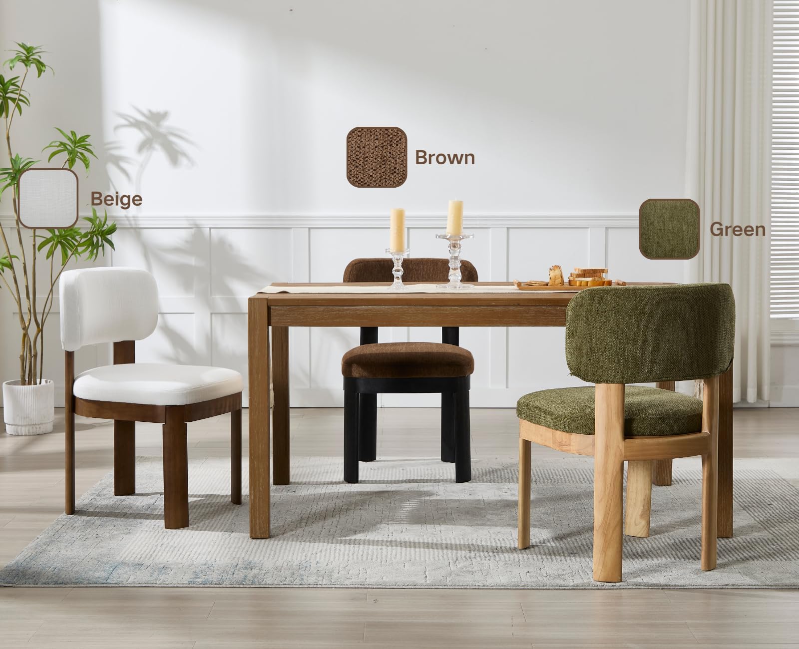Mid Century Modern Dining Chairs Set of 2 - Brown Upholstered Wooden Farmhouse Kitchen Chairs, Armless Accent Side Chairs with Chenille Fabric for Dining Room & Living Room - Perfect for Home Decor, Kitchen Breakfast Nook, and Small Space Dining