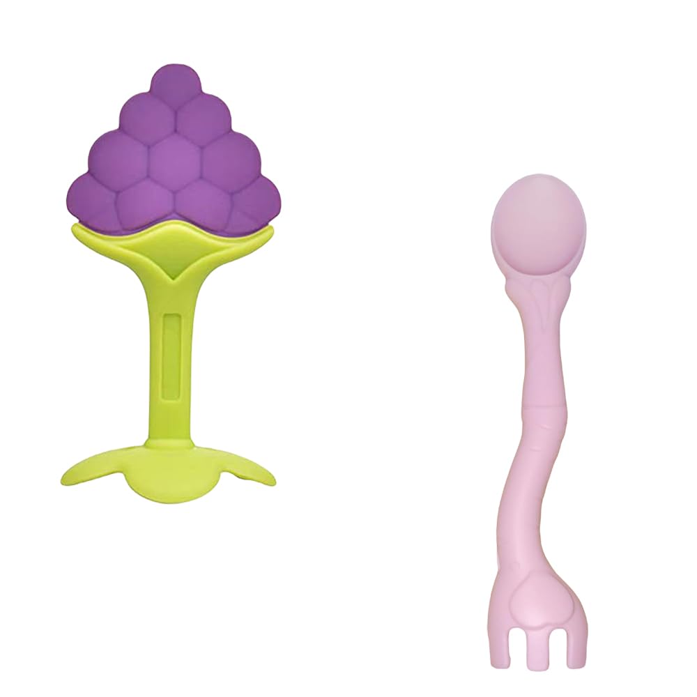 Kritiu BPA-Free Silicone Teether & Baby Spoons Set - Safe Infant Teething Toys & Feeding Utensils for Babies 6+ Months (Blue & Pink) | Perfect for Soothing Sore Gums & Introducing Solid Foods