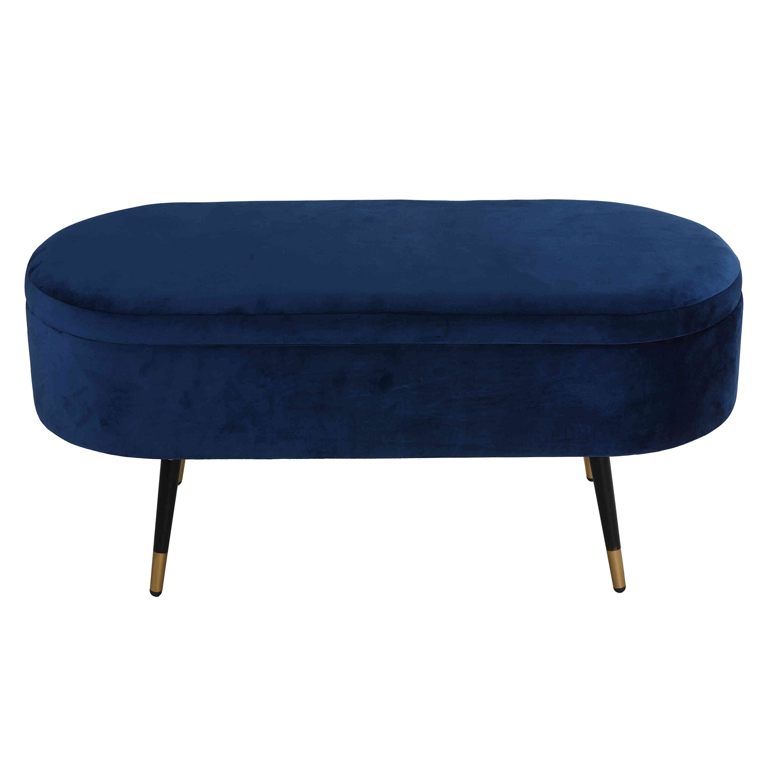 Cortesi Home Ruslan Navy Blue Oval Storage Ottoman - Upholstered Footrest Bench with Hidden Storage for Living Room, Bedroom & Entryway